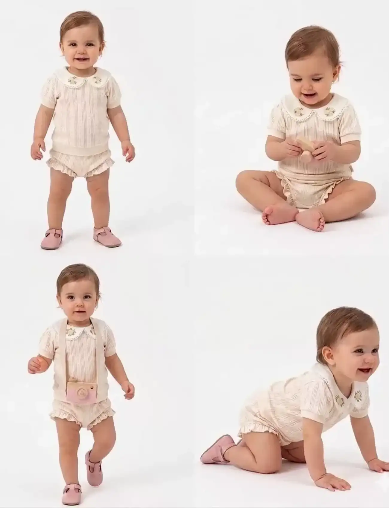 3/12 Ay Çiçekli Yaka Jakar Kumaş Şortlu Bebek Takımı