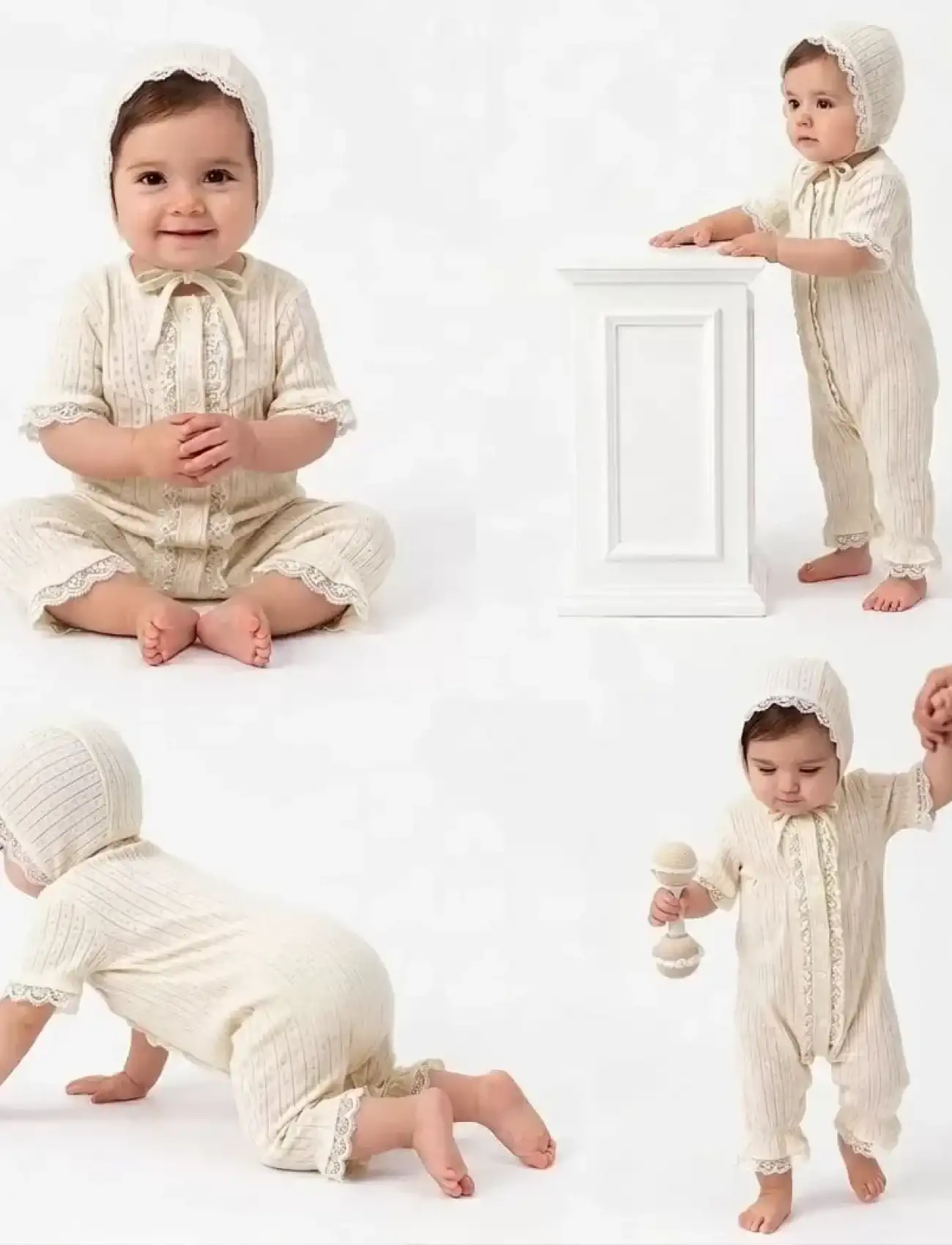 3/12 Ay Şapkalı Dantelli Jakar Kumaş Bebek Tulumu