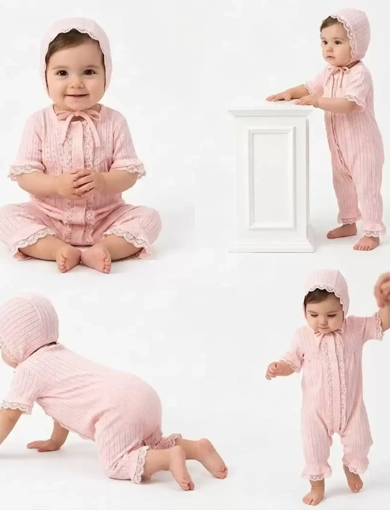 3/12 Ay Şapkalı Dantelli Jakar Kumaş Bebek Tulumu
