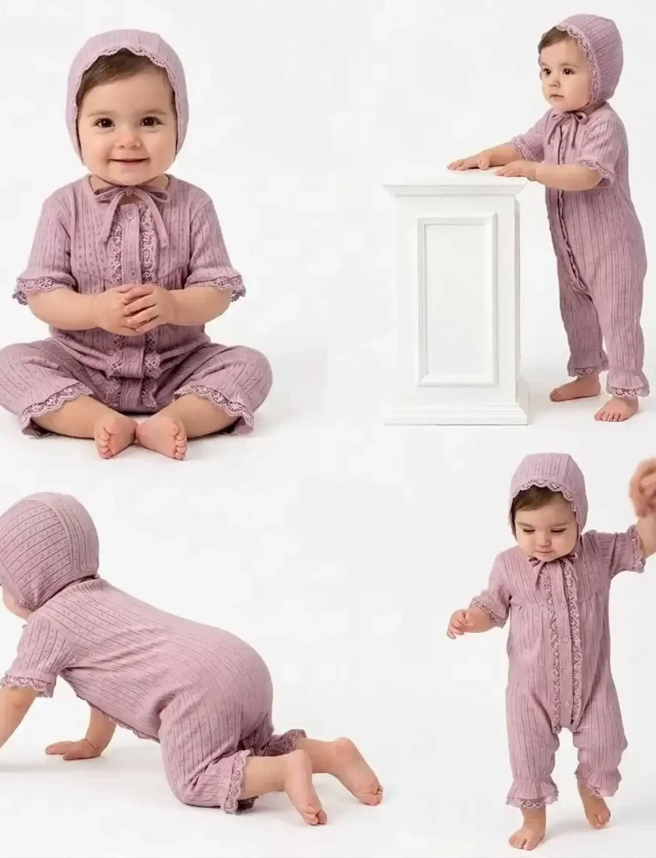 3/12 Ay Şapkalı Dantelli Jakar Kumaş Bebek Tulumu