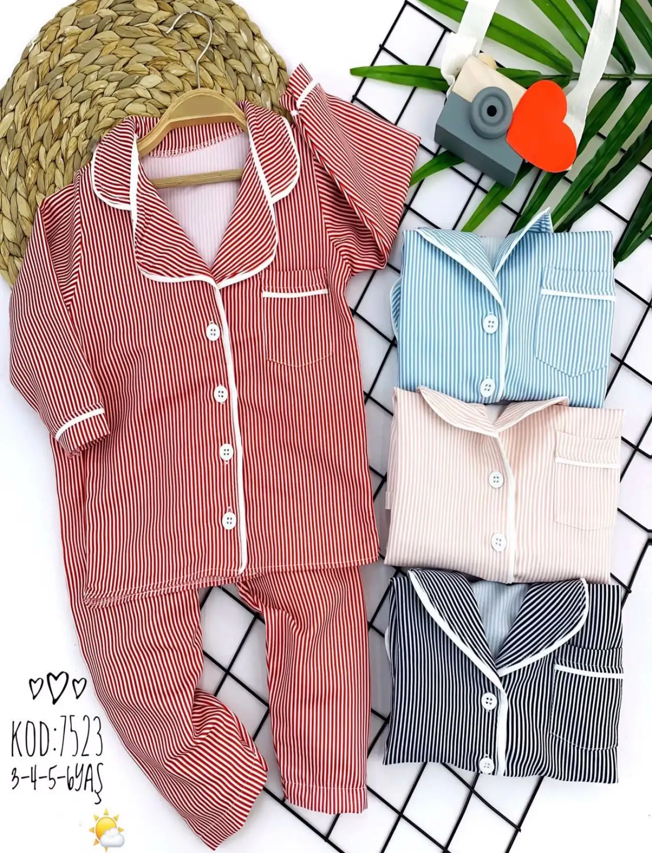 3-4-5-6 Yaş Düğme Kapamalı Boydan Çizgi Desenli 2li Kız Erkek Çocuk Pijama Takımı Kırmızı