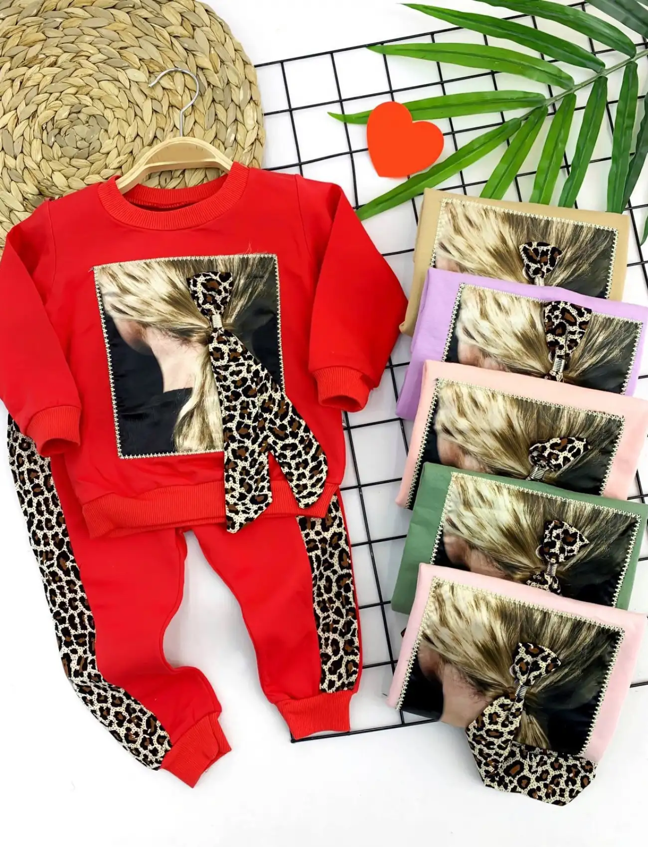 3-4-5-6 Yaş Lepoar Tokalı Leopar Şerit 2li Kız Çocuk Takımı Pembe