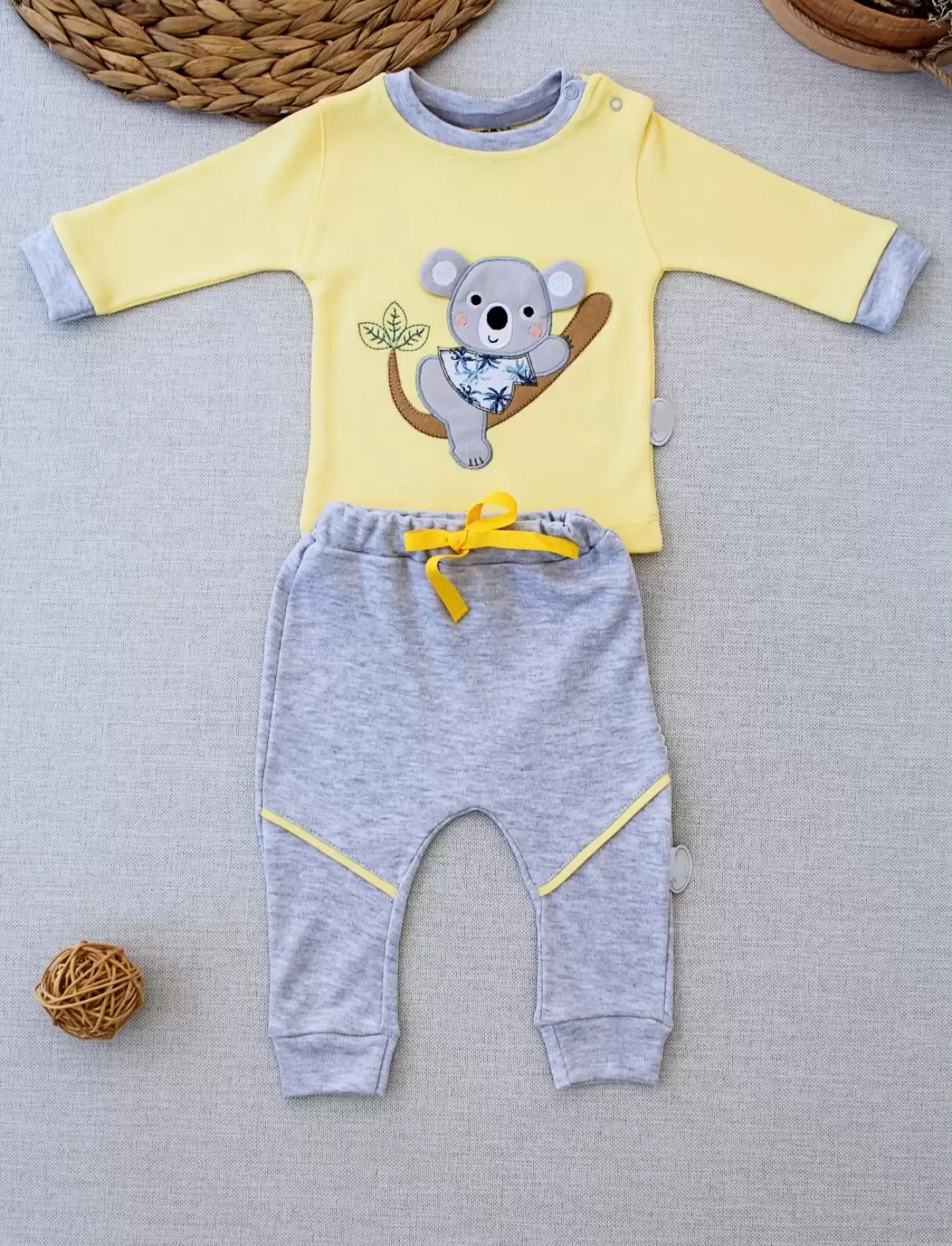 Yavru Koala Nakışlı Uzun Kollu Sweat 2li Kız Erkek Bebek Takımı Sarı