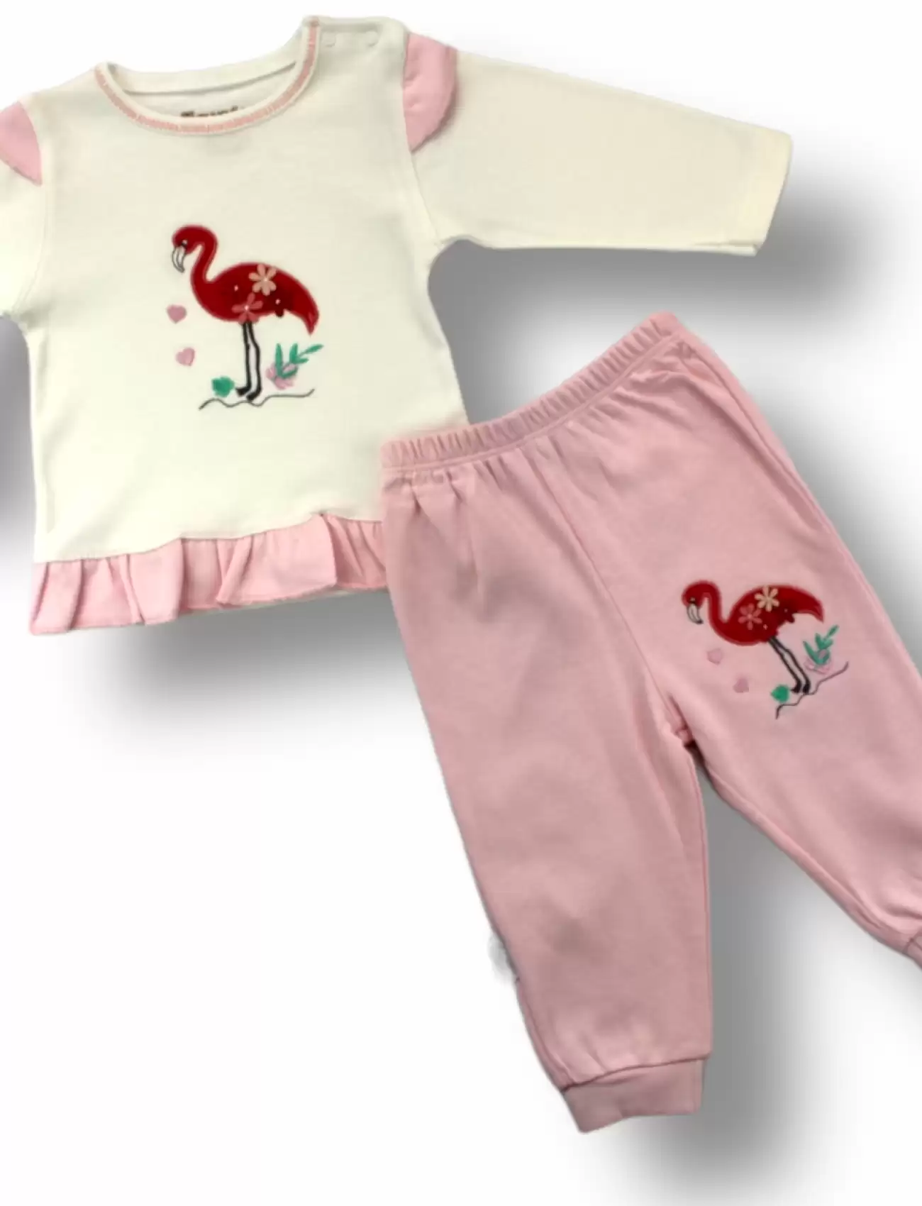 Flamingo Nakışlı Uzun Kollu Sweatli 2li Kız Bebek Takımı Ekru