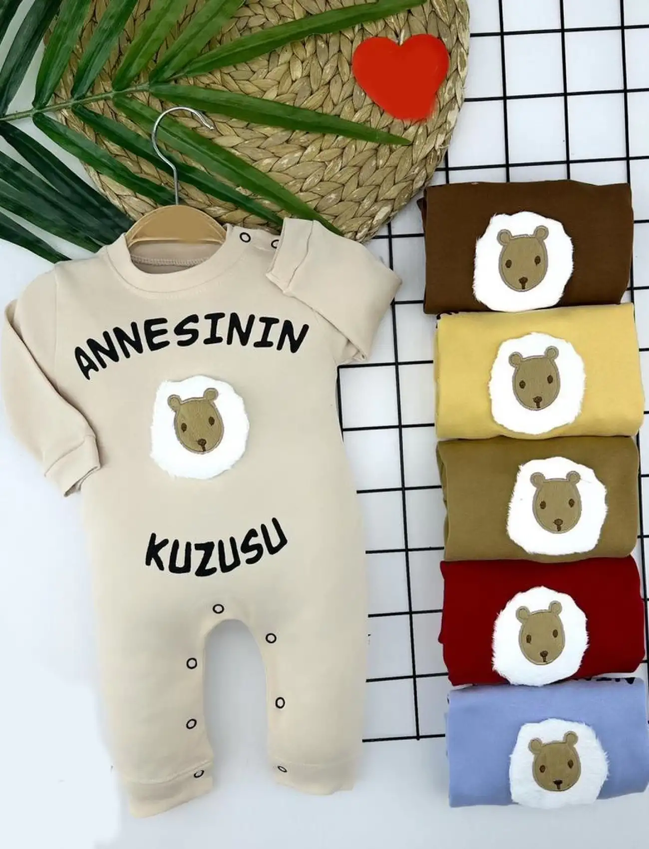 3-6-9-12 Ay Annesinin Kuzusu Baskılı Uzun Kollu Kız Erkek Bebek Tulumu Bej