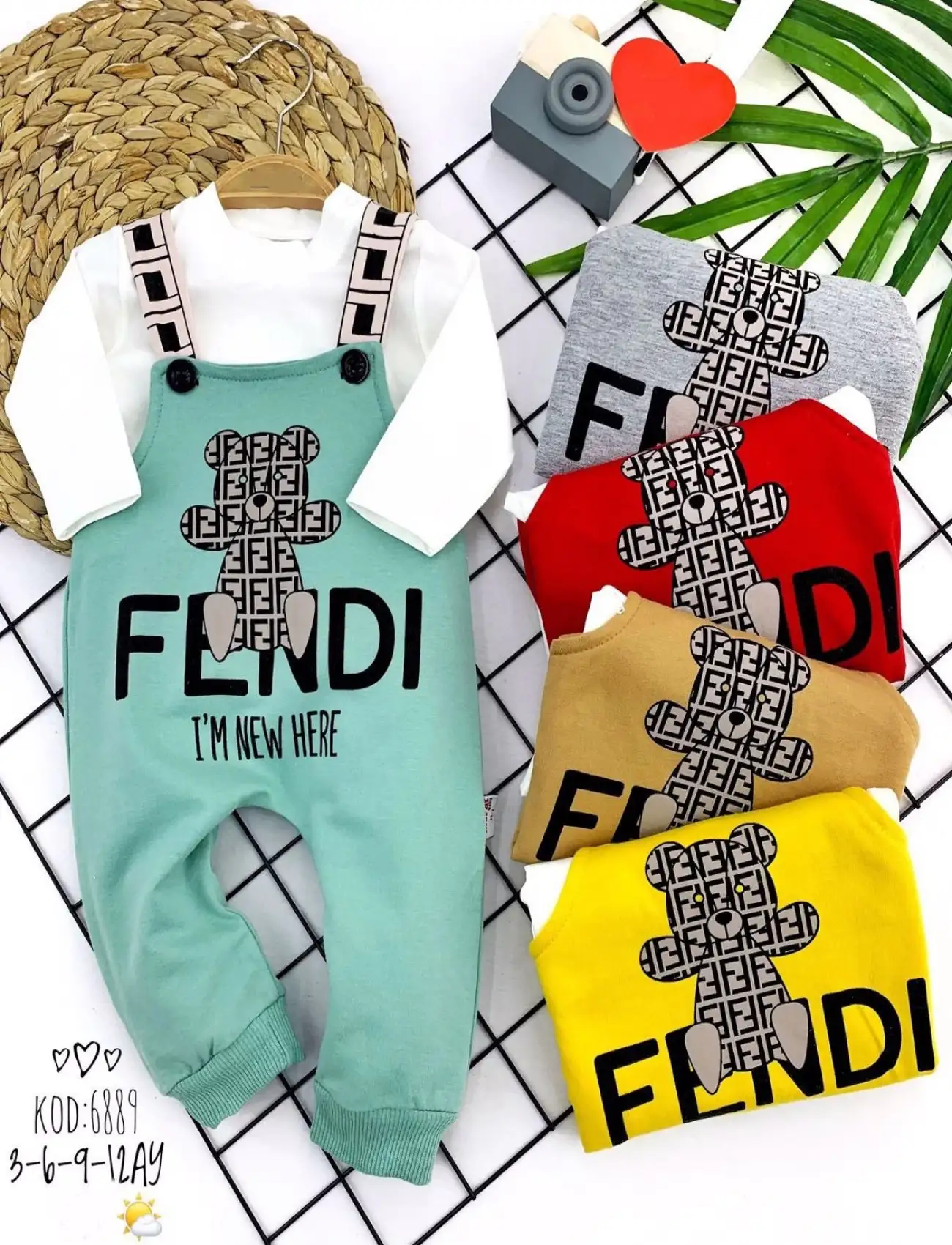 3-6-9-12 Ay Ayıcık Baskılı Düğmeli Uzun Kollu 2li Kız Erkek Bebek Salopet Takımı Kırmızı