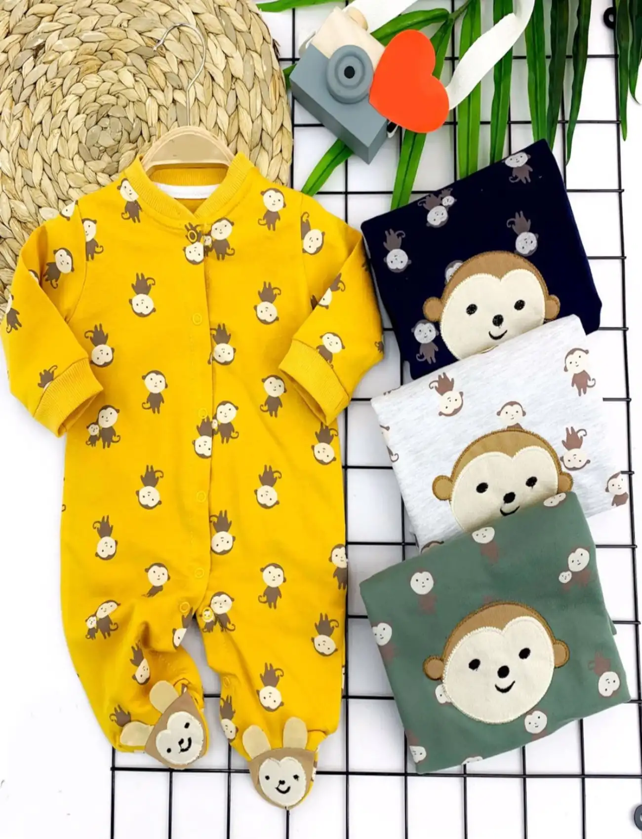 3-6-9-12 Ay Çıt Çıt Kapamalı Maymuncuk Desen Kız Erkek Bebek Tulumu Gri