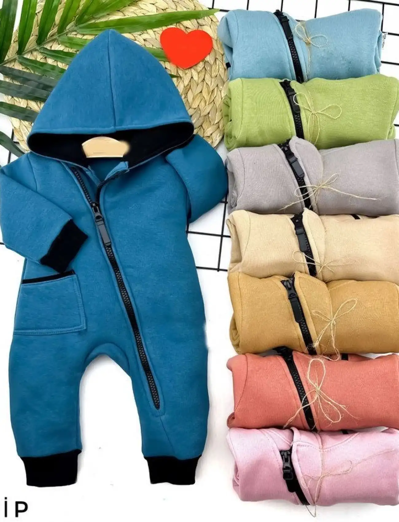 3-6-9-12 Ay Kapşonlu Ef Boy Fermuarlı Tek Cepli Uzun Kollu Kız Erkek Bebek Tulumu Mavi