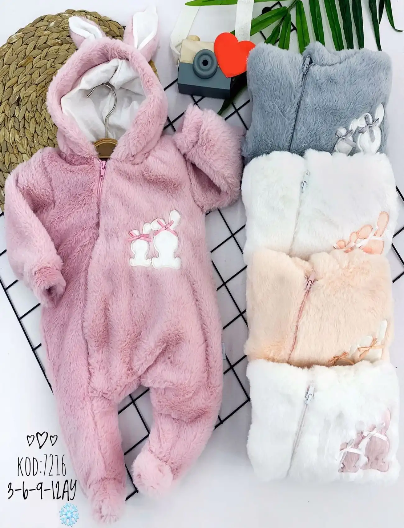 3-6-9-12 Ay Kuzu Kumaş Tüylü Kulaklı Kapşonlu Boydan Fermuarlı Kız Bebek Tulumu Pembe