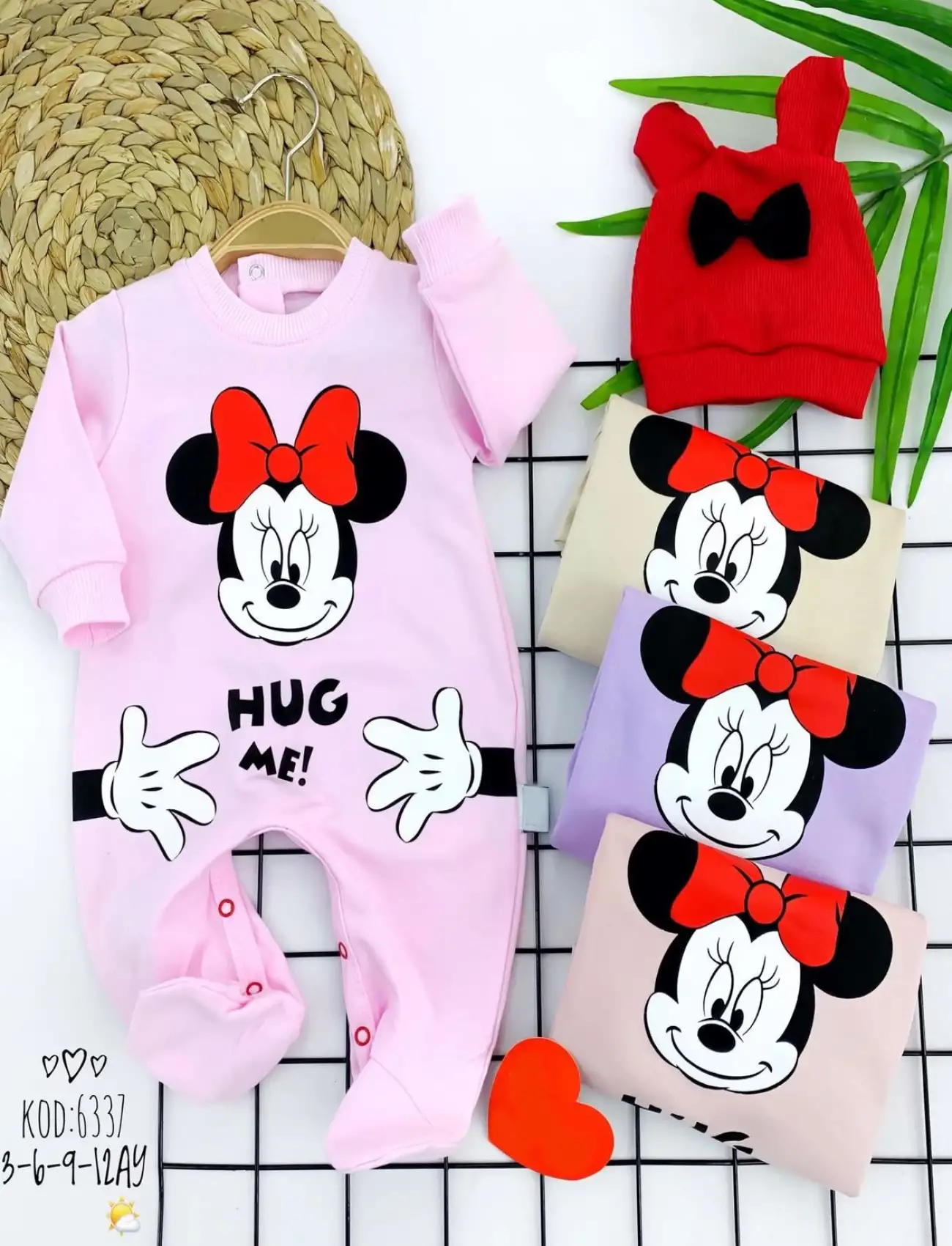 3-6-9-12 Ay Mickey Baskılı Kulaklı Şapka Uzun Kollu Kız Erkek Bebek Tulumu Pembe