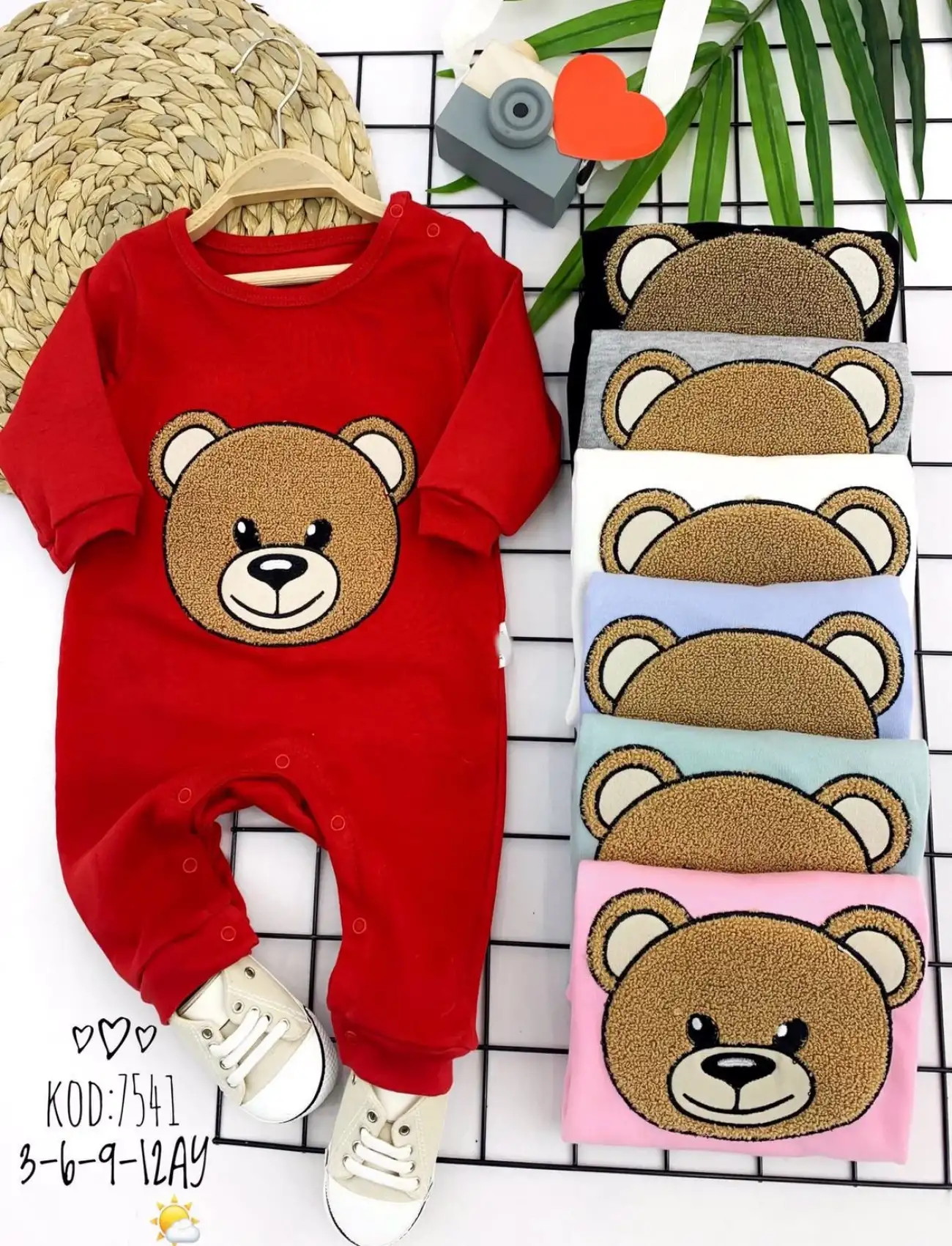 3-6-9-12 Ay Welsoft Ayı Figürlü Çıt Çıt Kapamalı Uzun Kollu Kız Erkek Bebek Tulumu Kırmızı