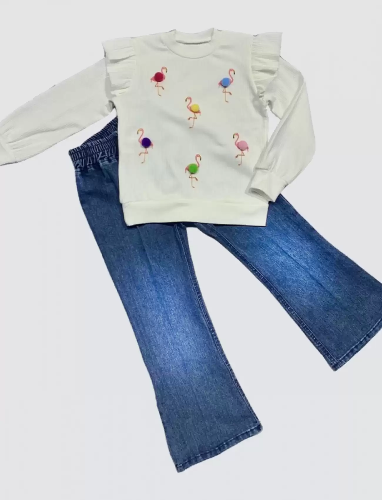 Kot Pantolonlu Flamingo Desenli Penye Sweat Uzun Kollu 2li Kız Çocuk Takımı Beyaz