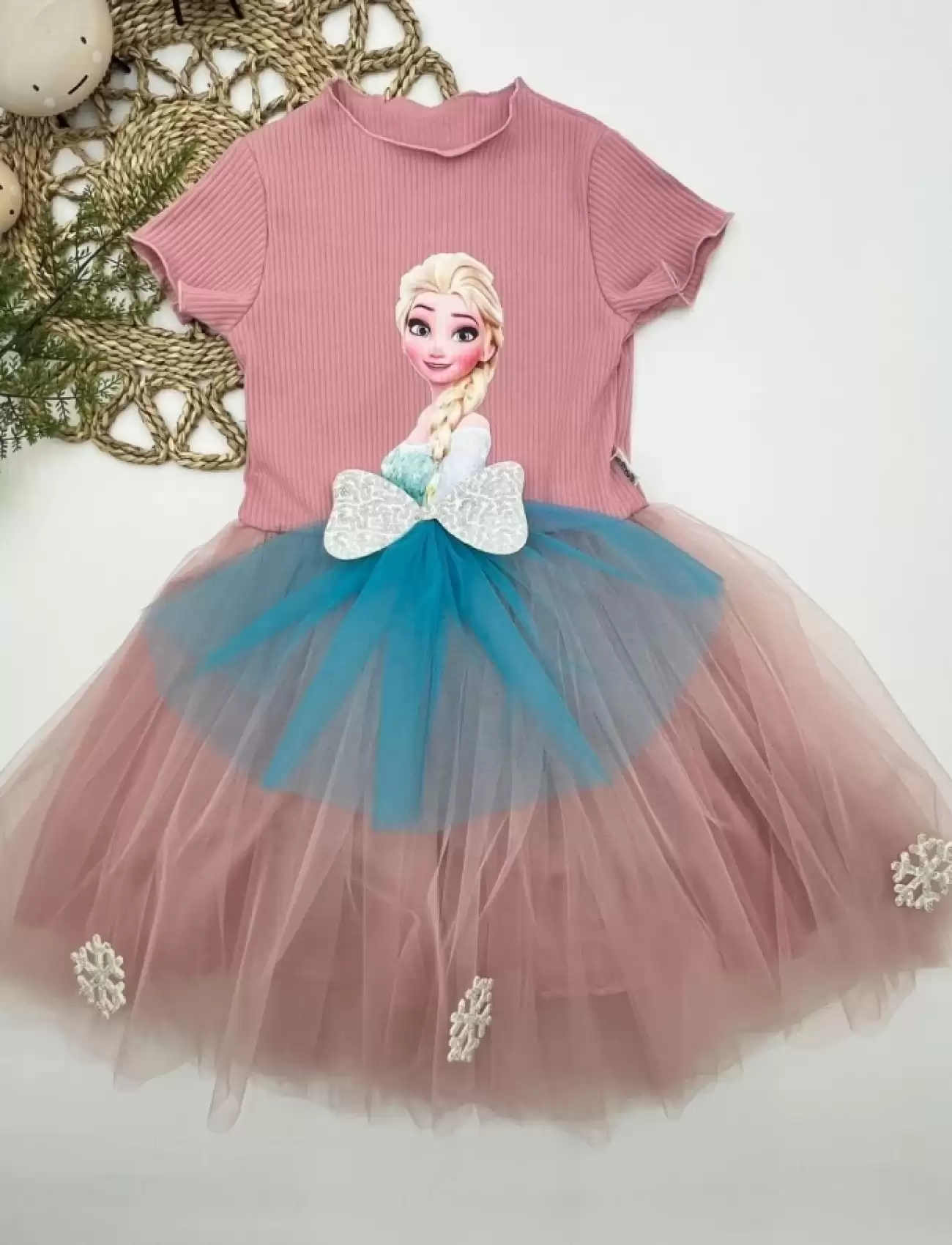 5-6-7 Yaş Elsa Desenli Fiyonklu Tül Etekli Astarlı Kısa Kollu Kız Çocuk Tütü Elbise Gül Kurusu