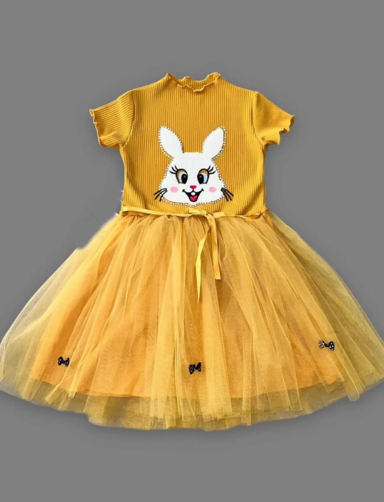 5-6-7 Yaş Payetli Tavşan Baskılı Kız Çocuk Elbisesi Hardal