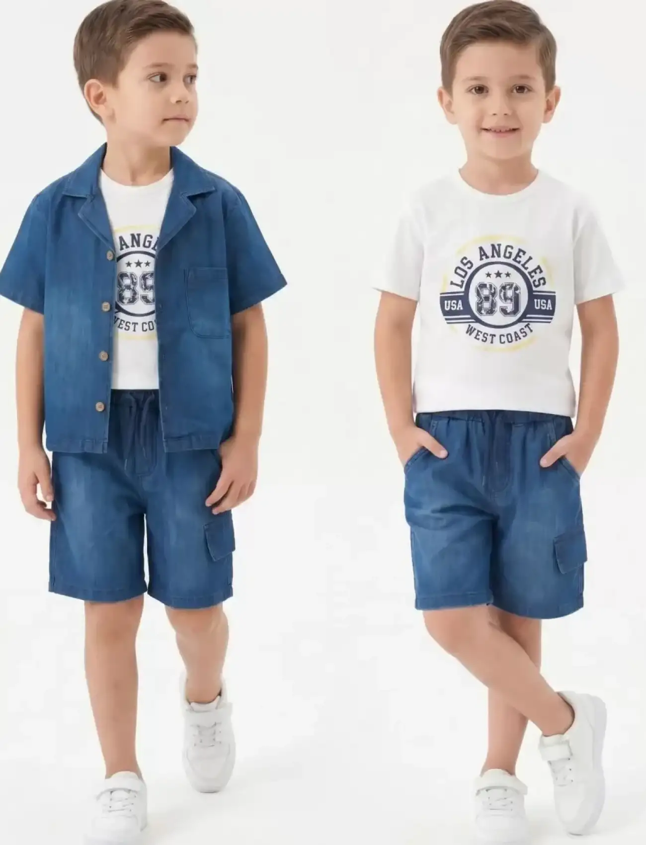6/10 Yaş Denim Gömlek Şortlu 3lü Çocuk Takımı