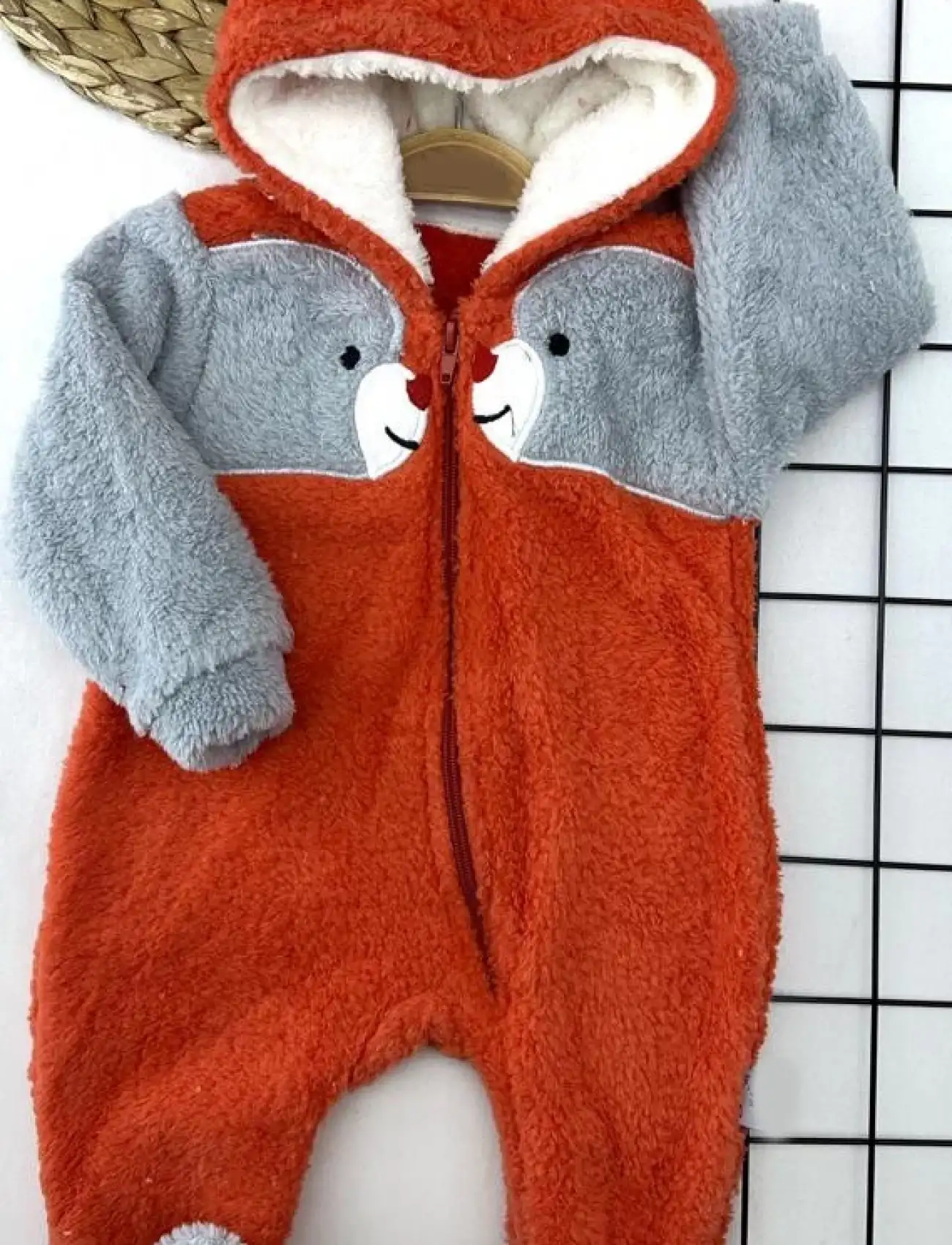 6-9-12-18 Ay Boydan Fermuarlı Welsoft Tüylü Kumaş Kapşonlu Patikli Kız Erkek Bebek Tulumu Turuncu