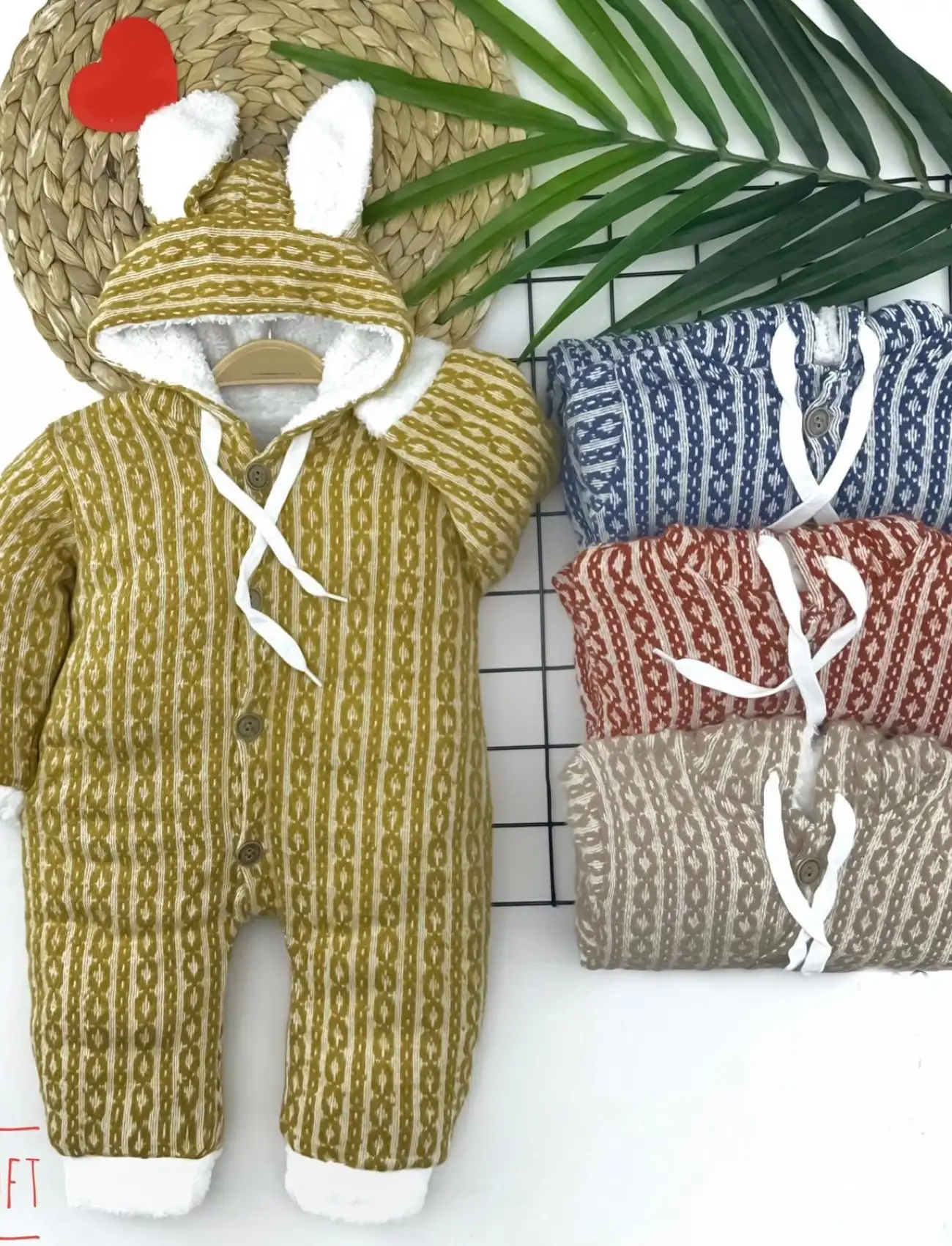 6-9-12-18 Ay Düğme Kapamalı Kulaklı Kapşonlu Triko Kumaş Kız Erkek Bebek Tulumu Sarı