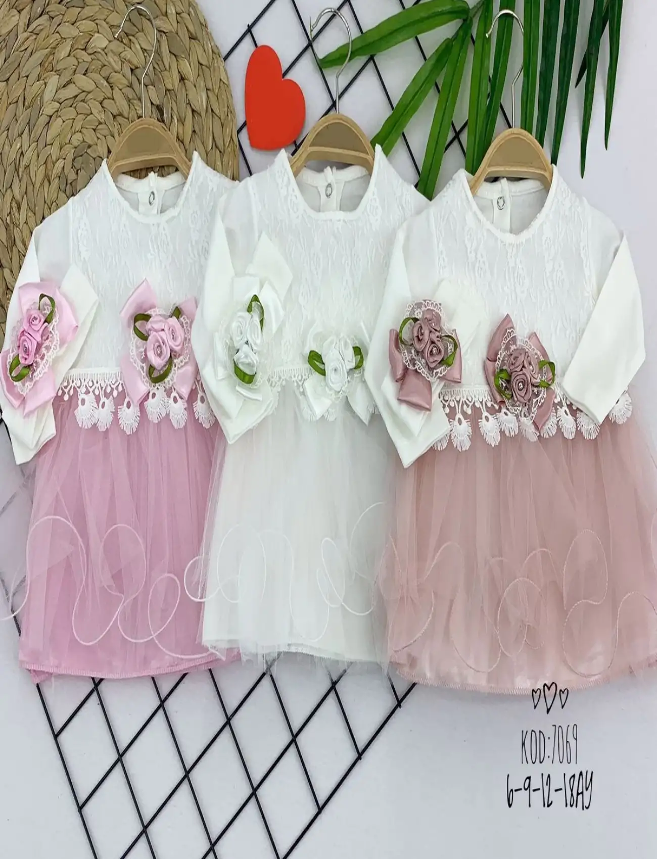 6-9-12-18 Ay Gül Fiyonk Detaylı Bandanalı Astarlı Tül Etek Uzun Kollu Kız Bebek Elbisesi Pembe