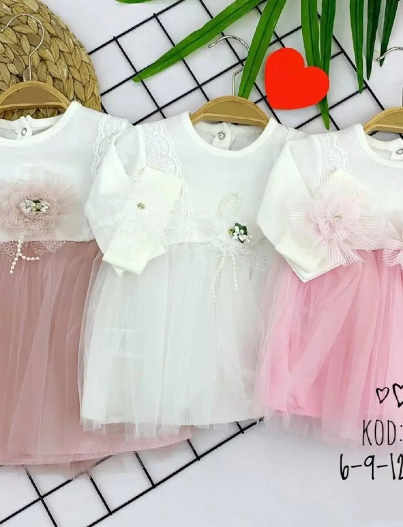 6-9-12-18 Ay Koldan Brode Desenli Bandanalı Astarlı Kız Bebek Elbisesi Pembe