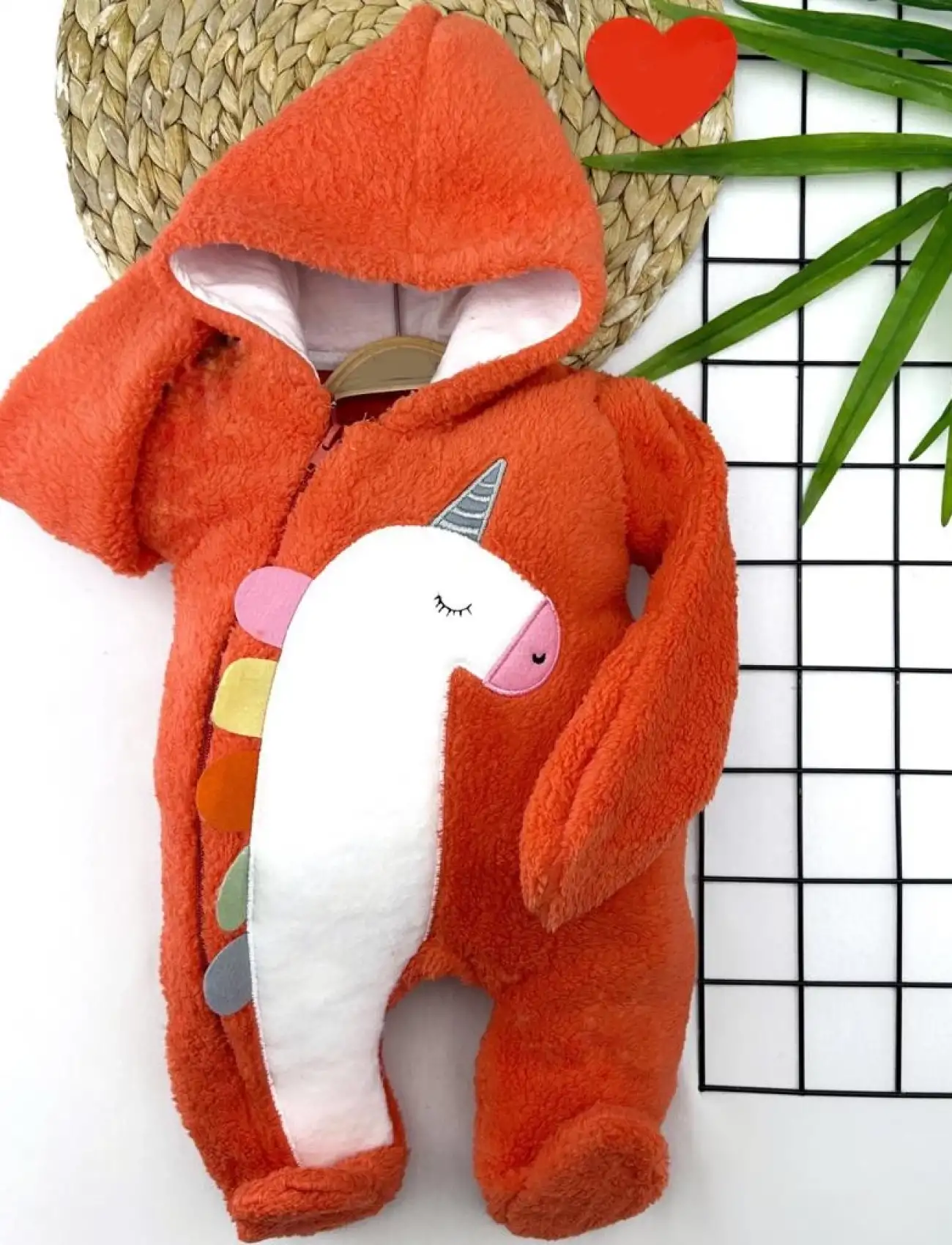 6-9-12-18 Ay Kuzu Tüylü Kumaş Unicorn Nakışlı Kapşonlu Fermuarlı Kız Erkek Bebek Tulumu Turuncu