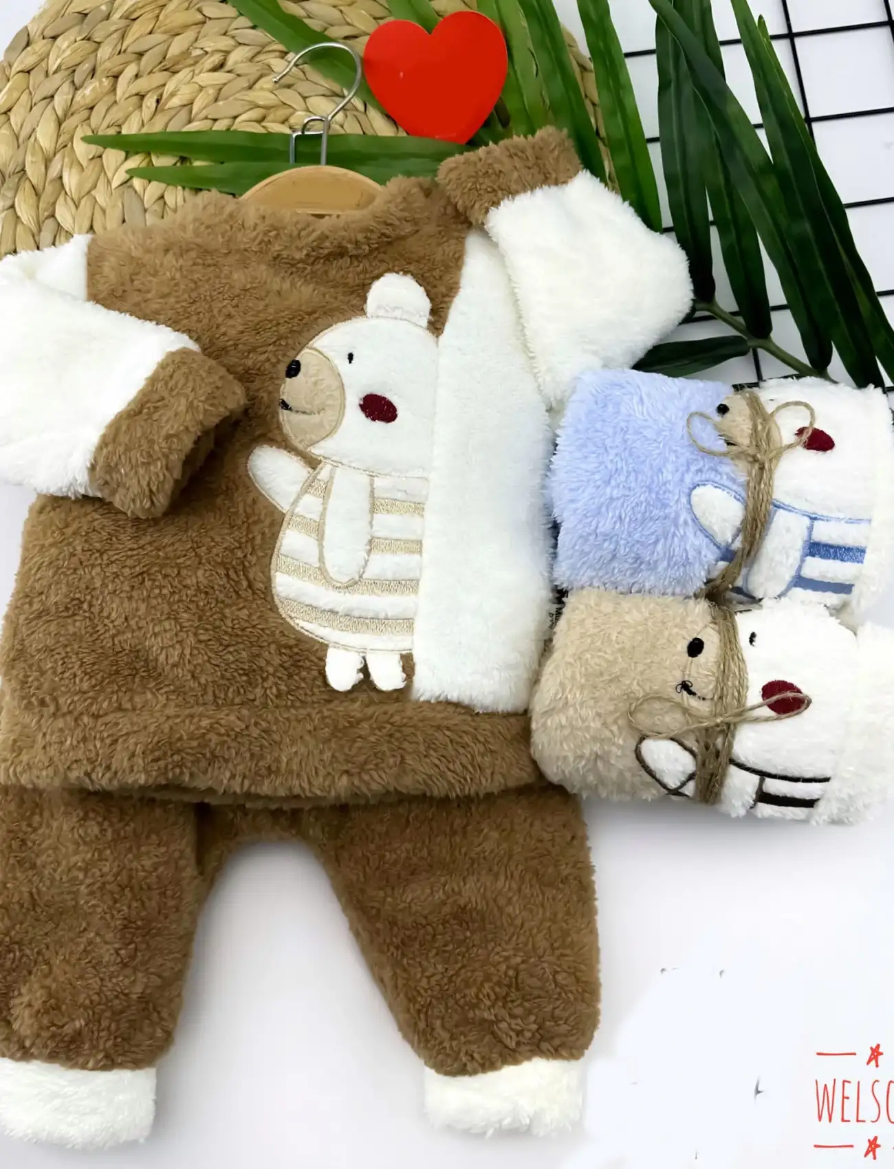 6-9-12-18 Ay Welsoft Kumaş Yavru Ayıcık Desenli Uzun Kollu 2li Kız Erkek Bebek Takımı Mavi