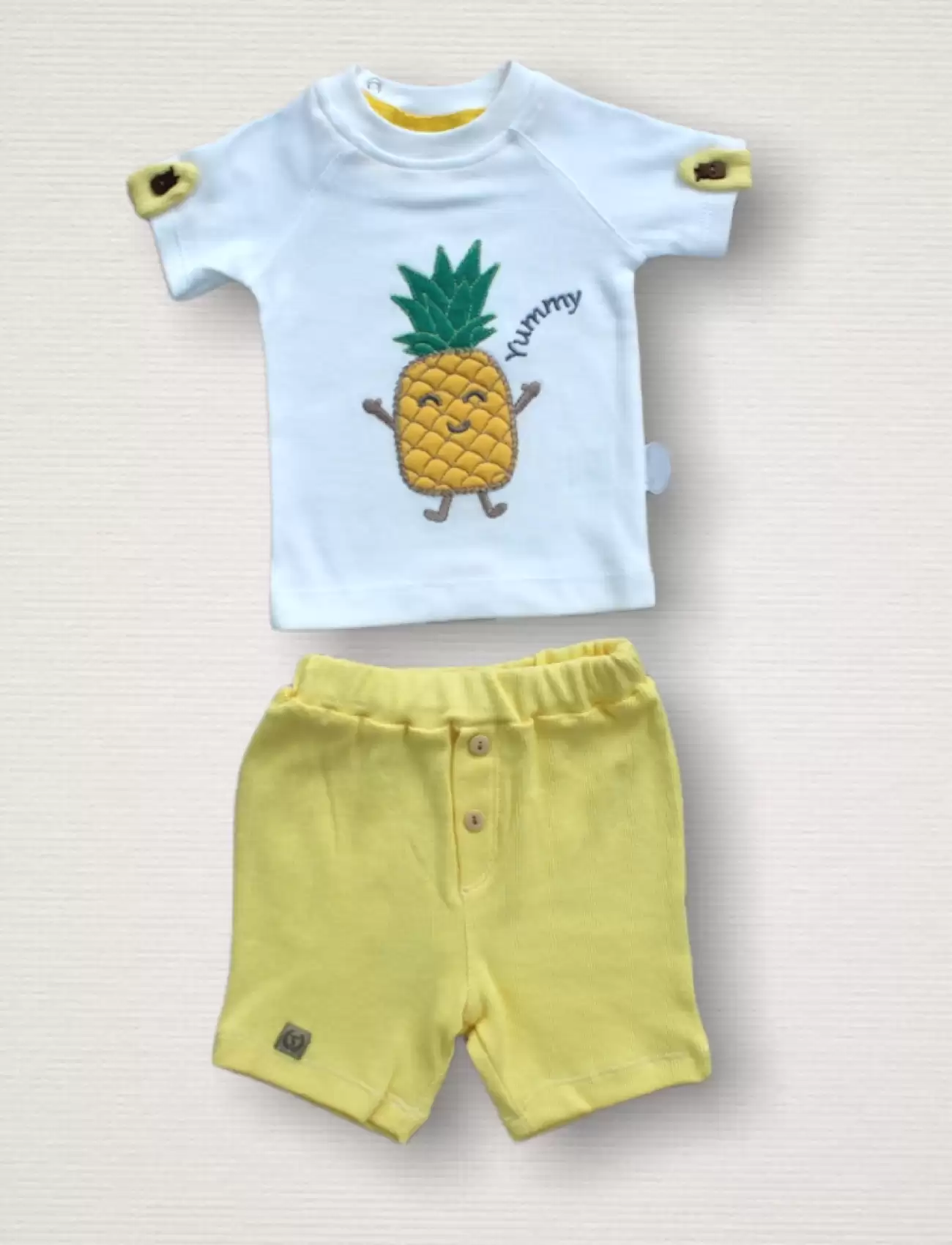 Ananas Nakışlı Kısa Kollu Sweatli Şortlu 2li Kız-erkek Bebek Takımı Sarı