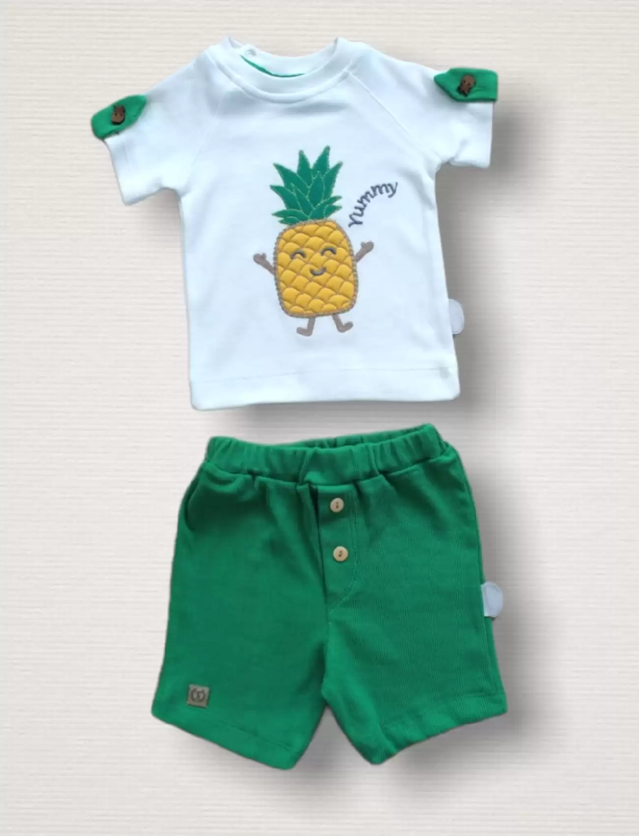 Ananas Nakışlı Kısa Kollu Sweatli Şortlu 2li Kız-erkek Bebek Takımı Yeşil