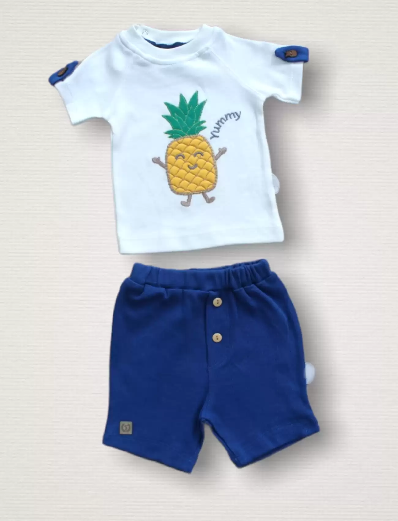 Ananas Nakışlı Kısa Kollu Sweatli Şortlu 2li Kız-erkek Bebek Takımı Mavi