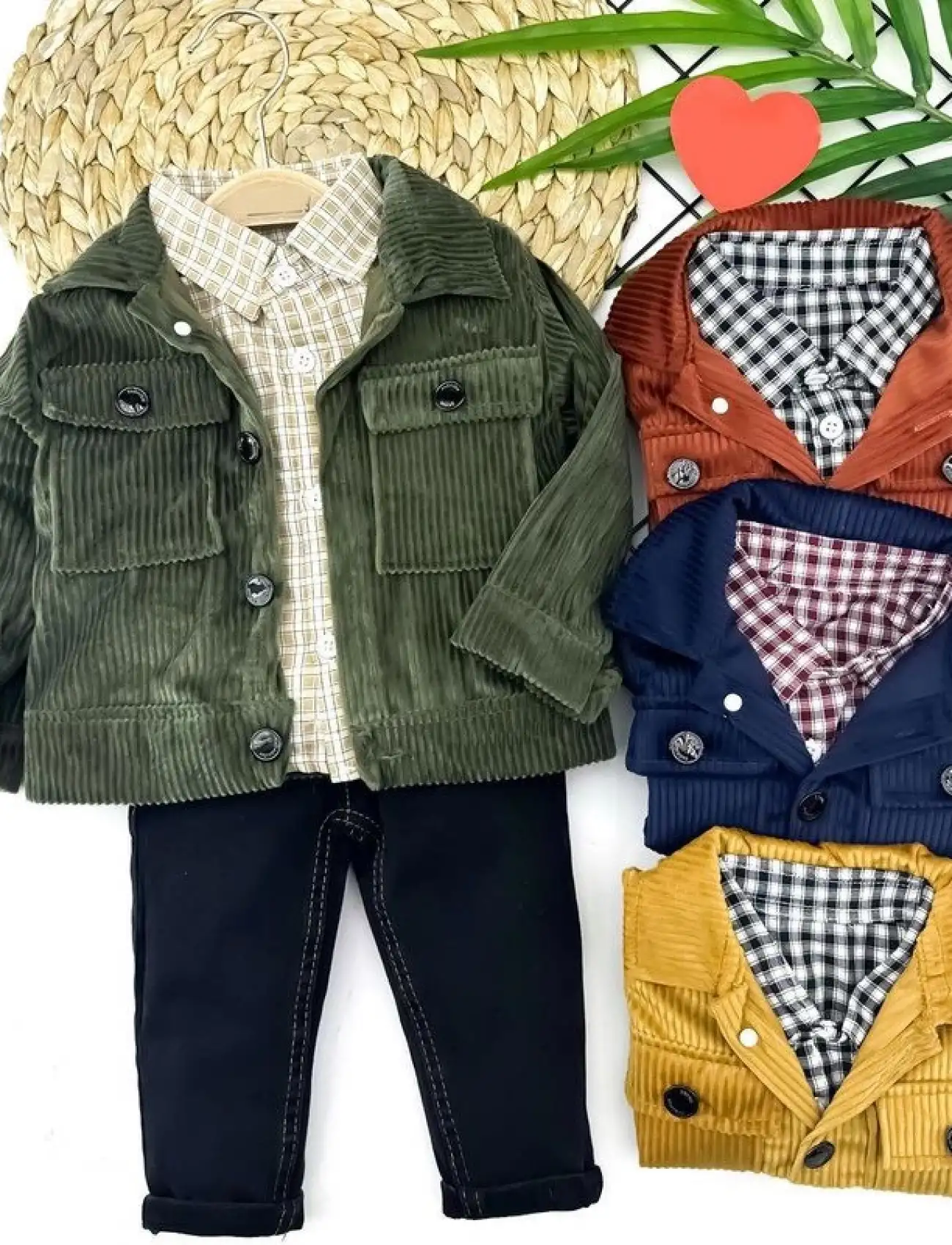 9-12-18-24 Ay Düğme Kapamalı Kadife Ceket Uzun Kollu Gömlek Kot Pantolon 3lü Erkek Bebek Takımı Kahverengi