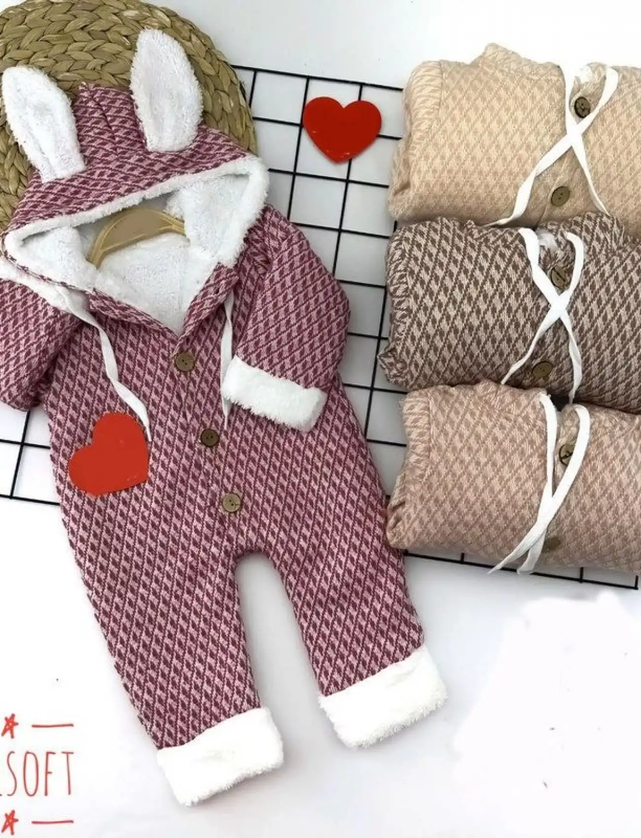 9-12-18-24 Ay Düğme Kapamalı Kapşonlu Motif Desenli Örme Kumaş Kız Erkek Bebek Tulumu Nar Çiçeği