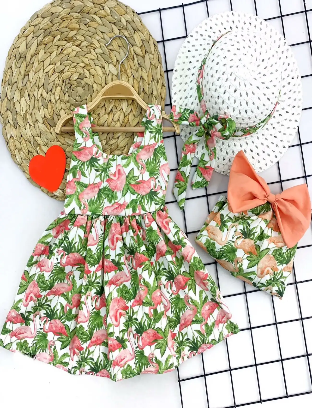 9-12-18-24 Ay Hasır Şapkalı Flamingo Desenli Askılı 2li Kız Bebek Elbisesi Pembe