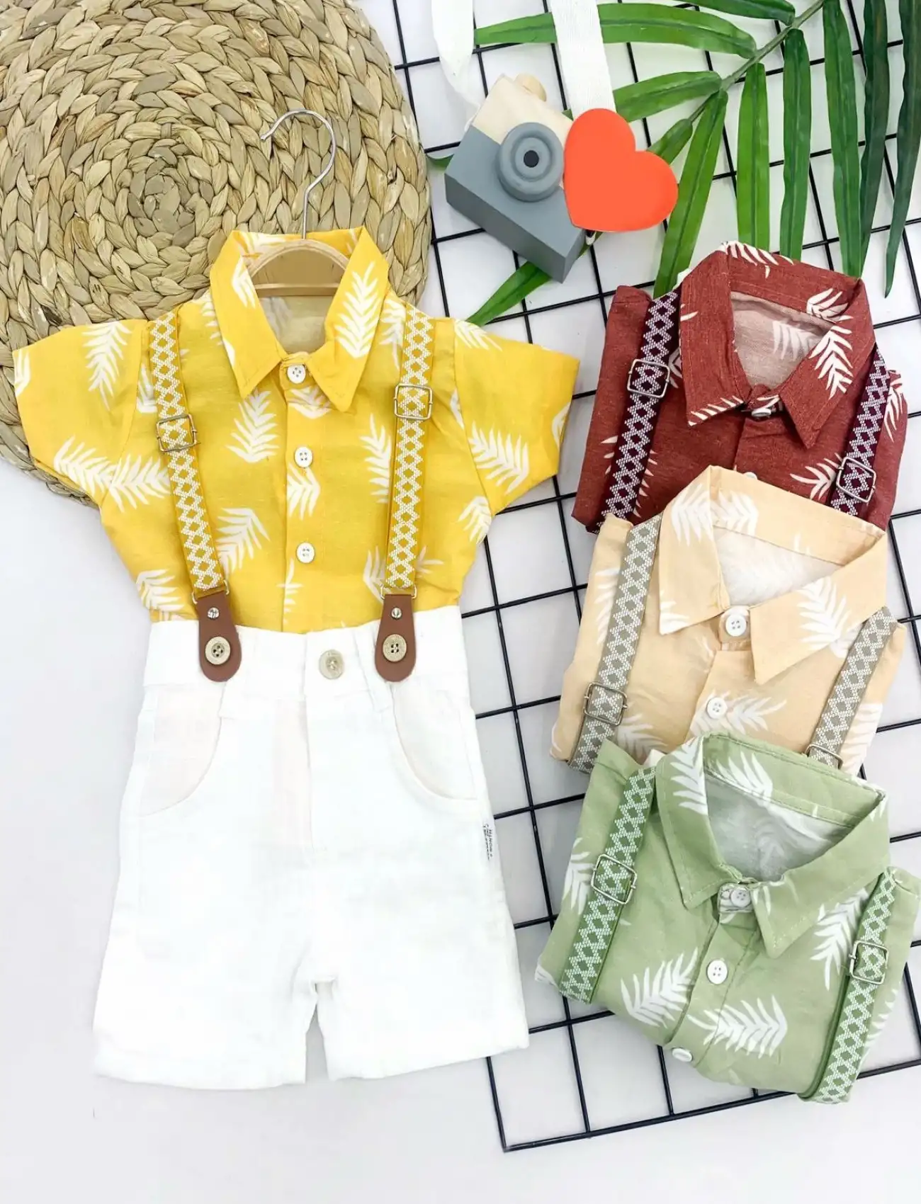 9-12-18-24 Ay Pamuk Keten Kumaş Hawai Gömlek Lastik Askılı 2li Erkek Bebek Takımı Bej