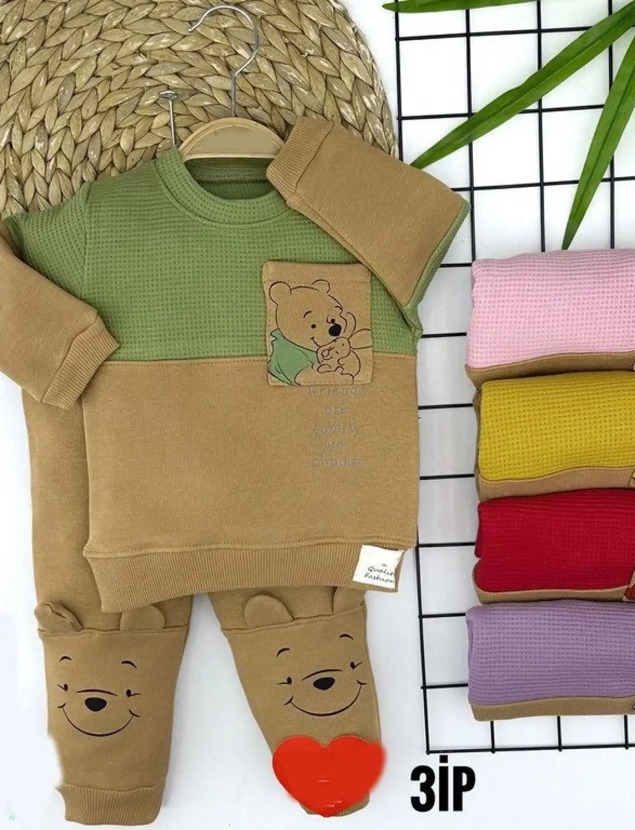 9-12-18-24 Ay Pooh Ayıcık Baskılı Tek Cepli Uzun Kollu 2li Kız Erkek Bebek Takımı Kırmızı