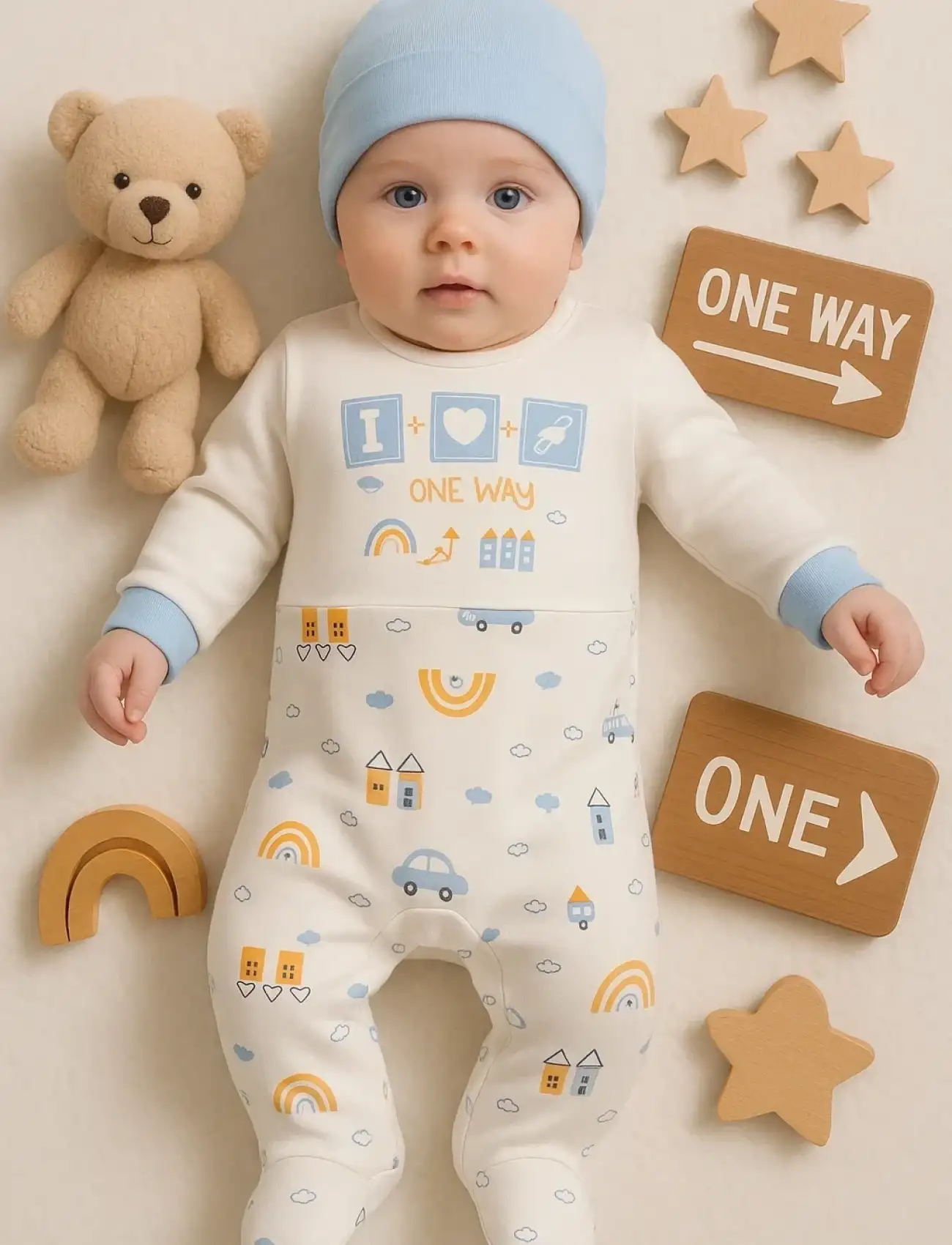 Araba Desenli Mavi 2li Şapkalı Erkek Bebek Tulumu