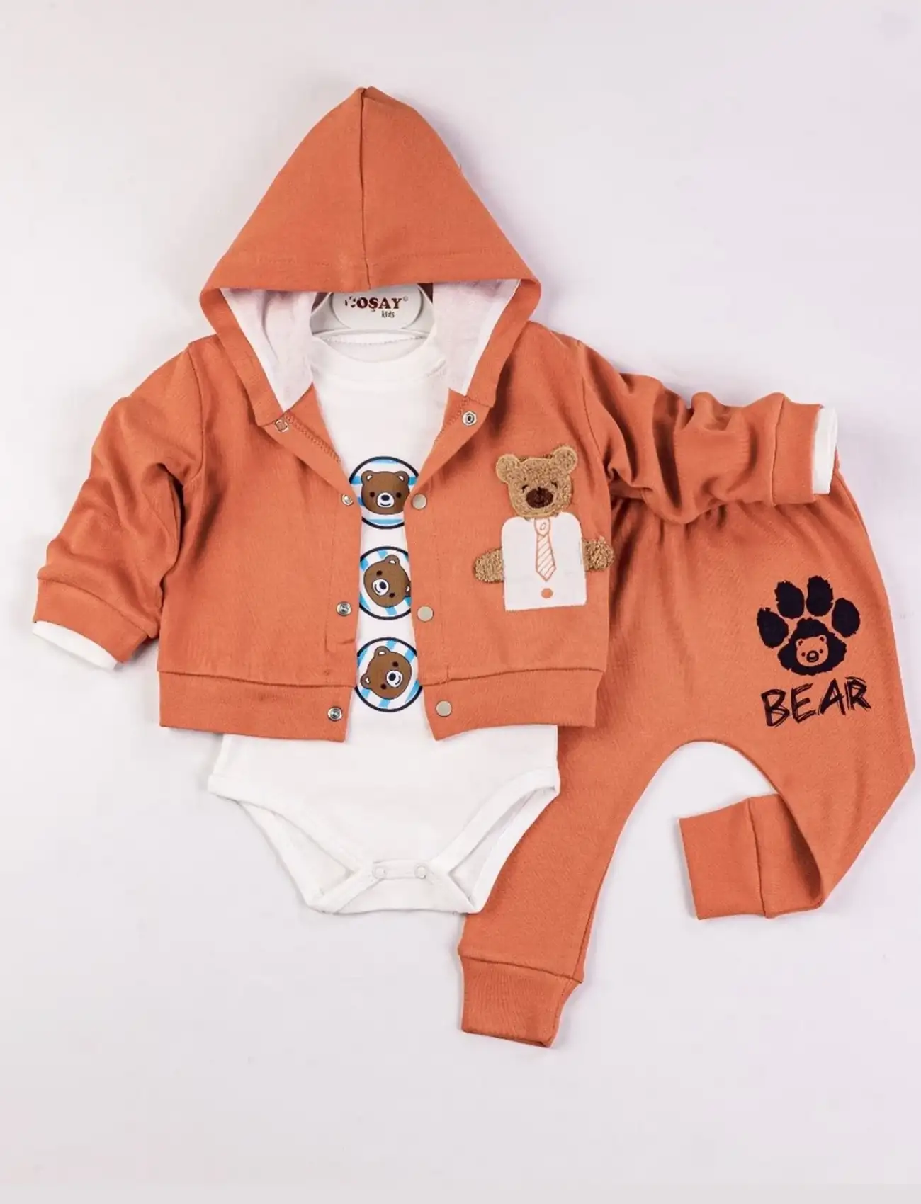 Bear Nakışlı Kapişonlu Erkek Bebek Takım