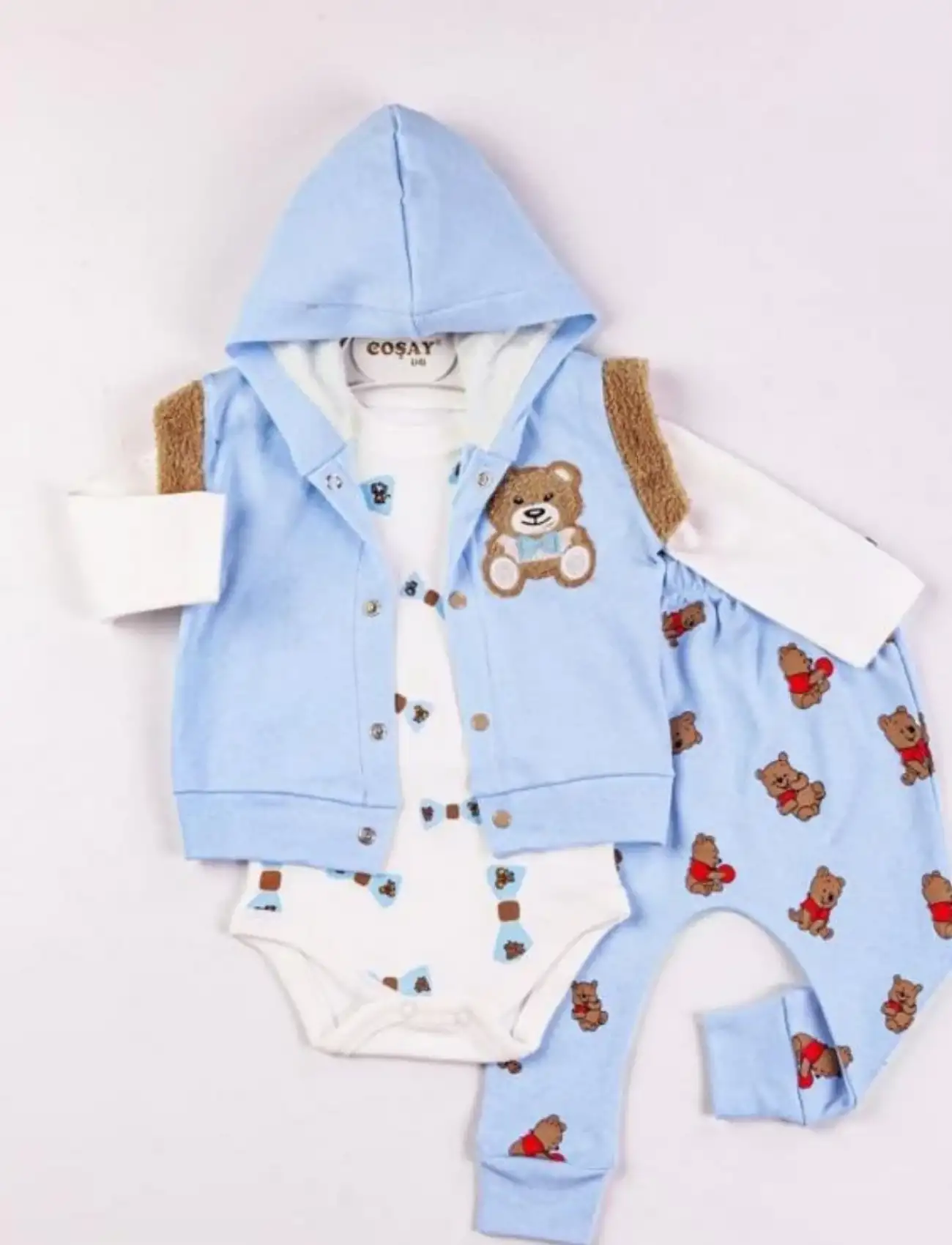 Bear Nakışlı Yelekli 3lü Erkek Bebek Takımı
