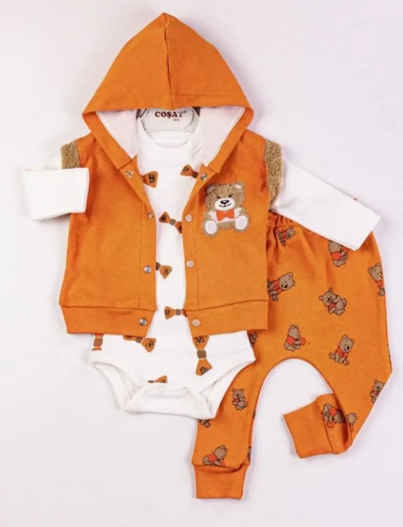 Bear Nakışlı Yelekli 3lü Erkek Bebek Takımı