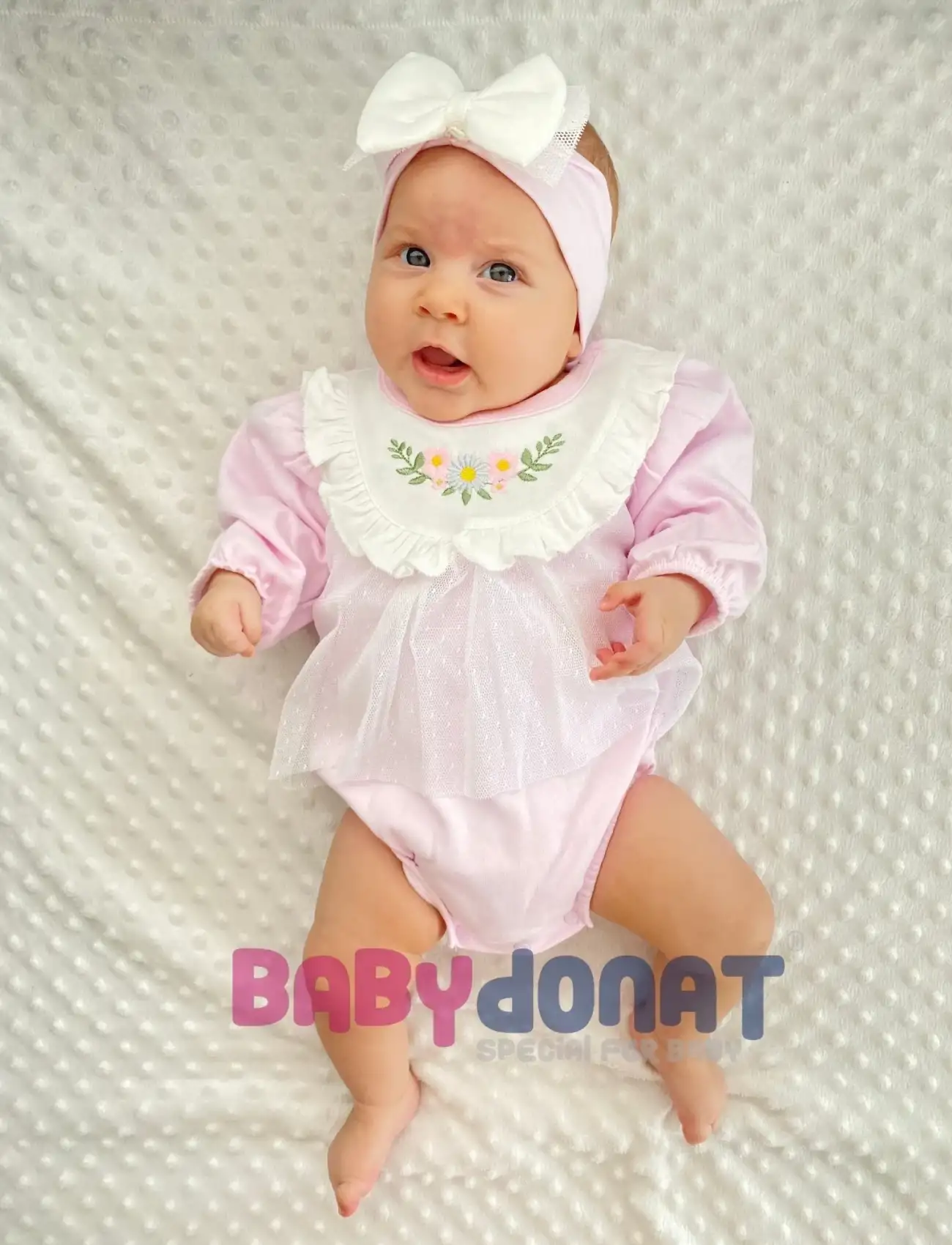 Çiçek Nakışlı Tüllü Bandanalı Kız Bebek Romper