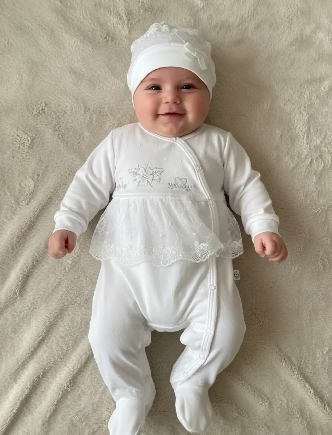 Dantelli Çiçek Nakışlı Kız Bebek Tulum %100 Pamuk