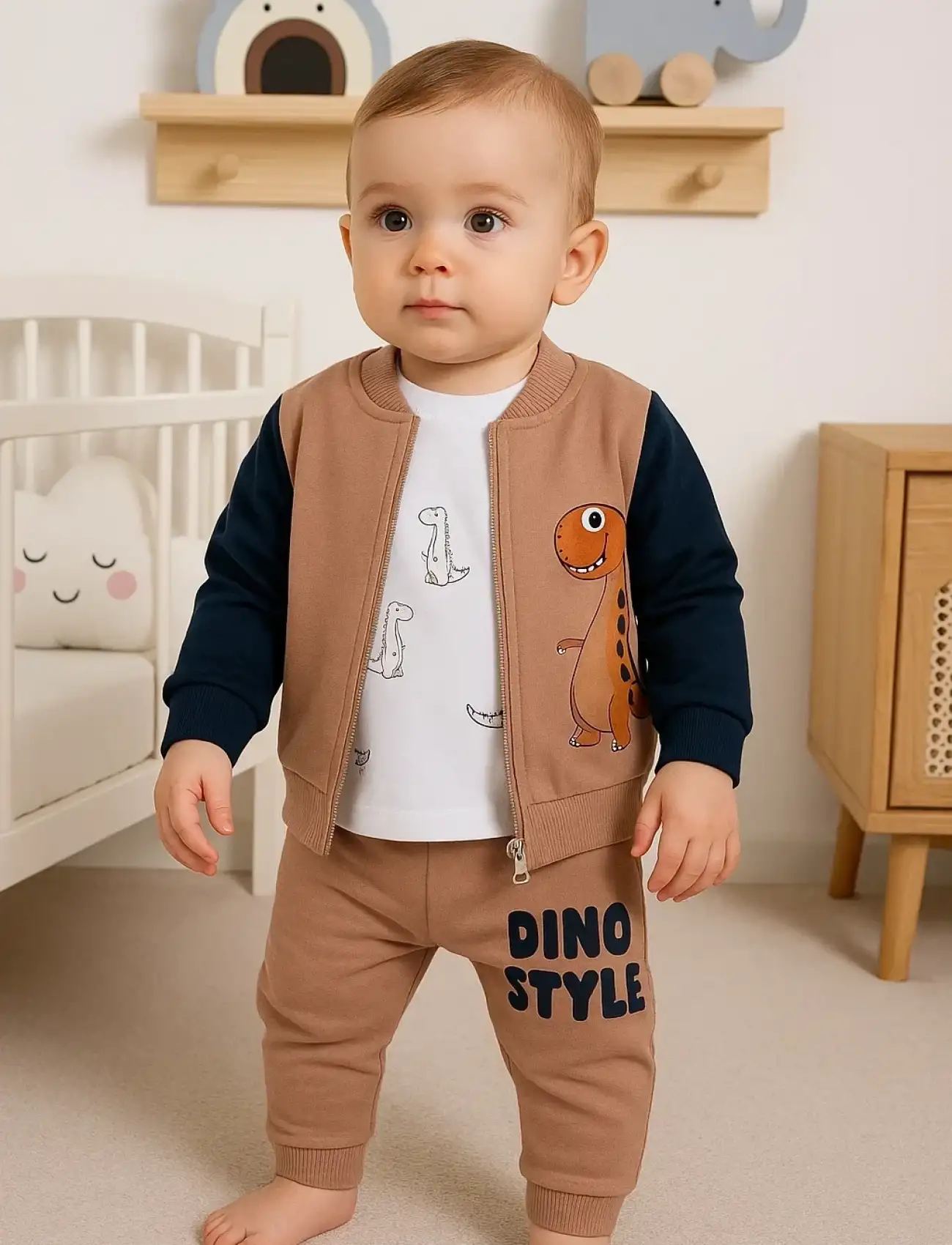 Dinazor Desenli Hırkalı 3lü Erkek Bebek Takım