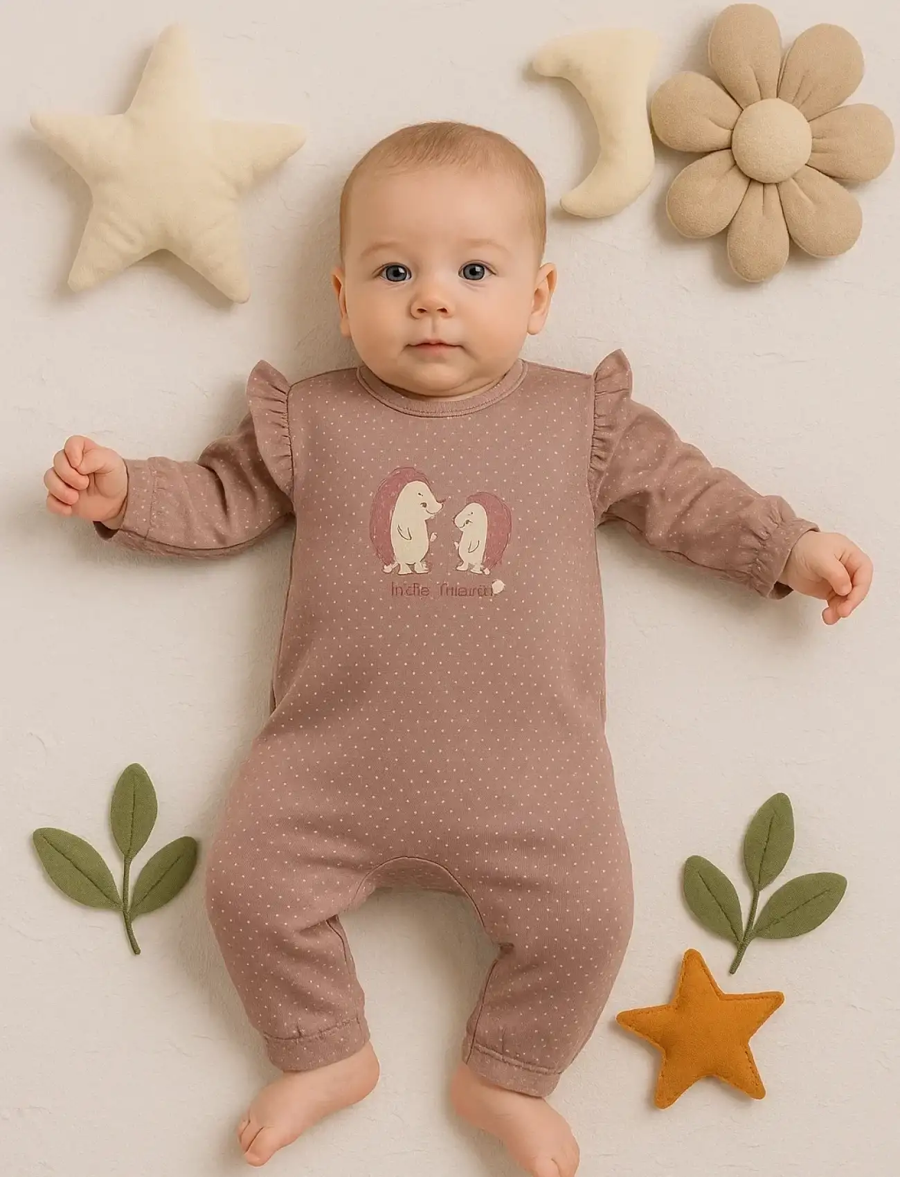 Kirpi Nakışlı % 100 Pamuk Kız Bebek Tulum