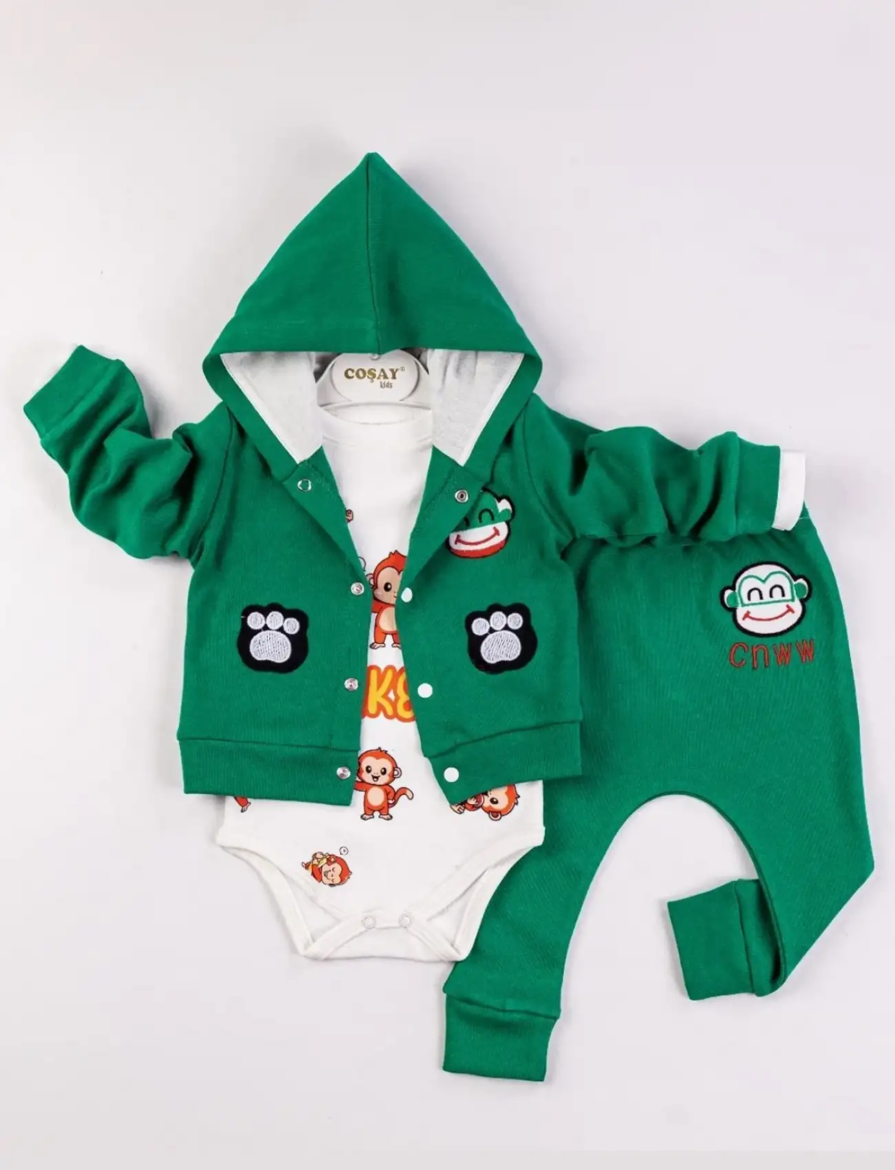 Monkey Nakışlı Kapişonlu Erkek Bebek Takım