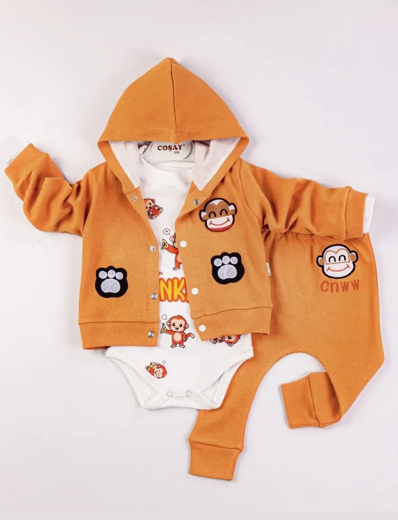 Monkey Nakışlı Kapişonlu Erkek Bebek Takım