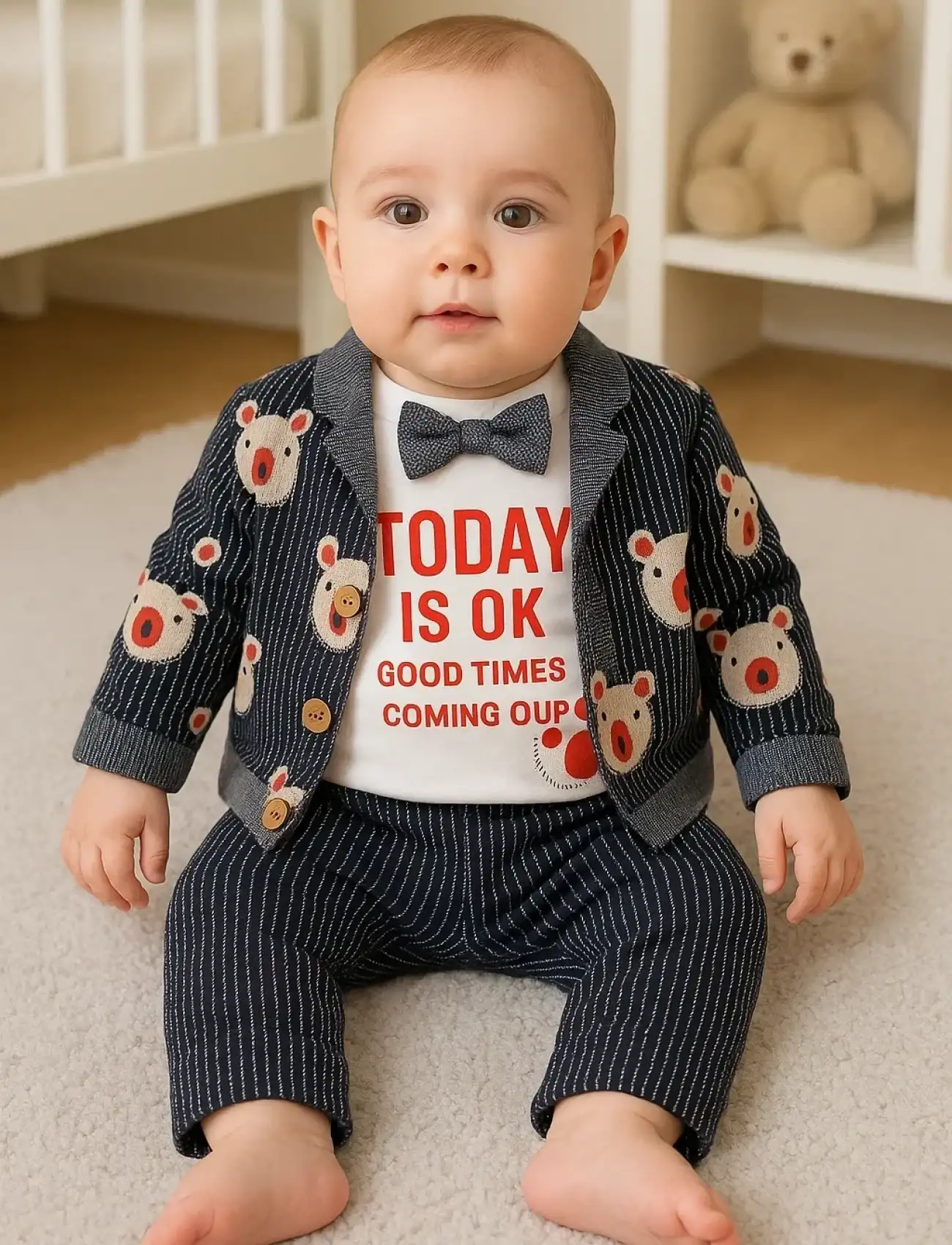 Papyonlu Bear Çizgili Model Ceketli 3lü Erkek Bebek Takımı