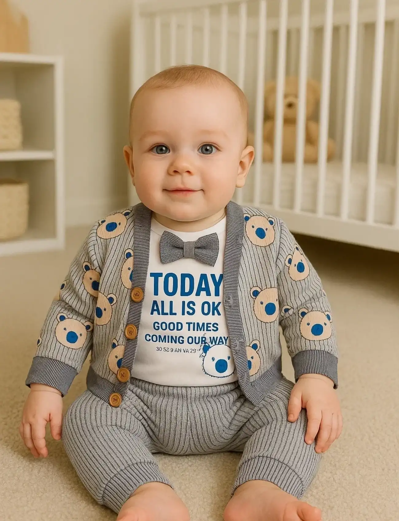 Papyonlu Bear Çizgili Model Ceketli 3lü Erkek Bebek Takımı