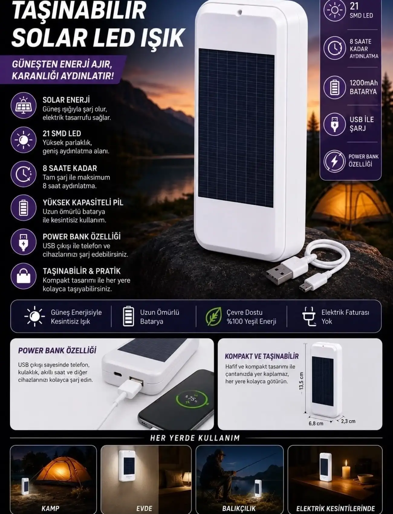 Taşınabilir Solar Led Power Bank