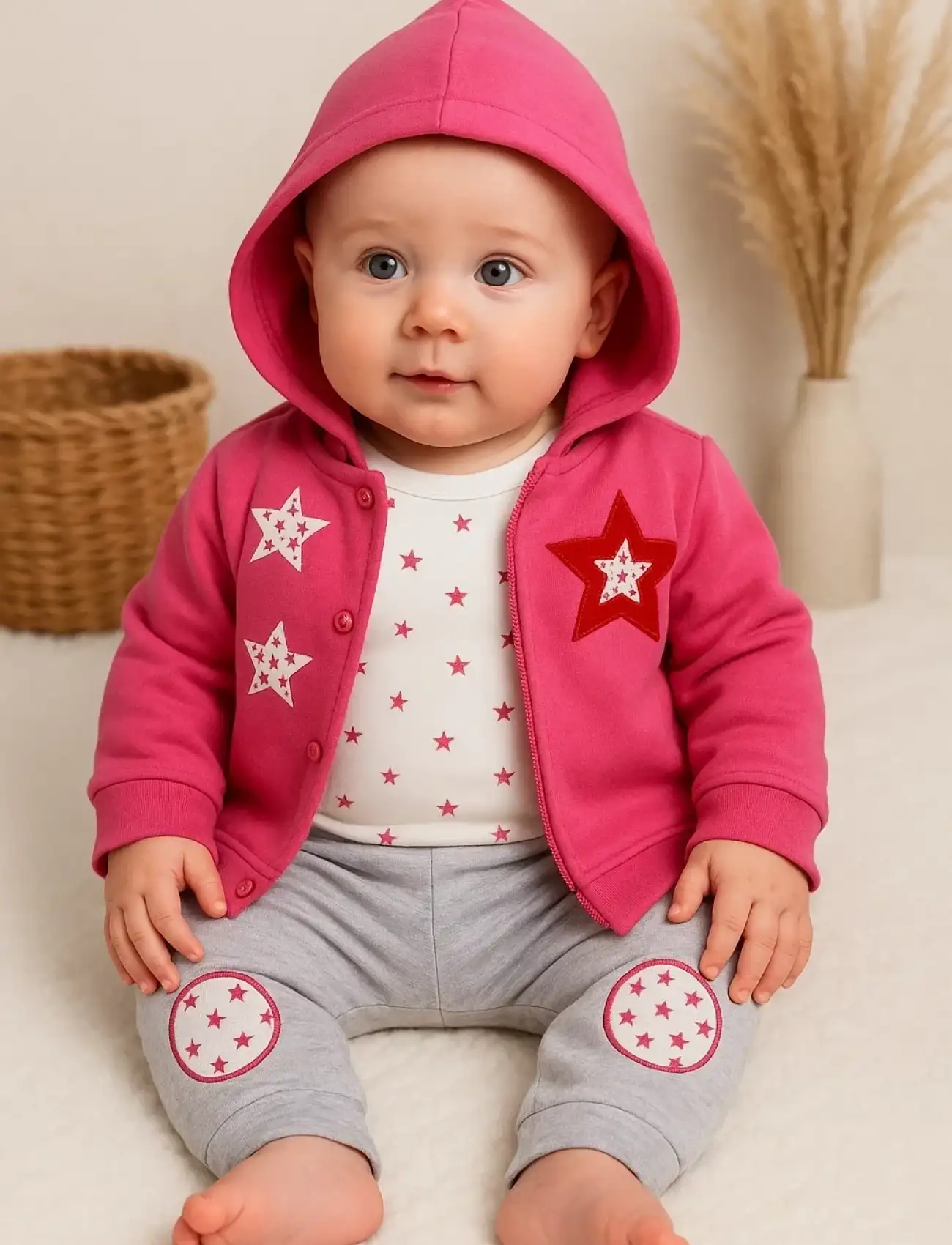 Yıldız Nakışlı Kapişonlu Kız Bebek Takımı