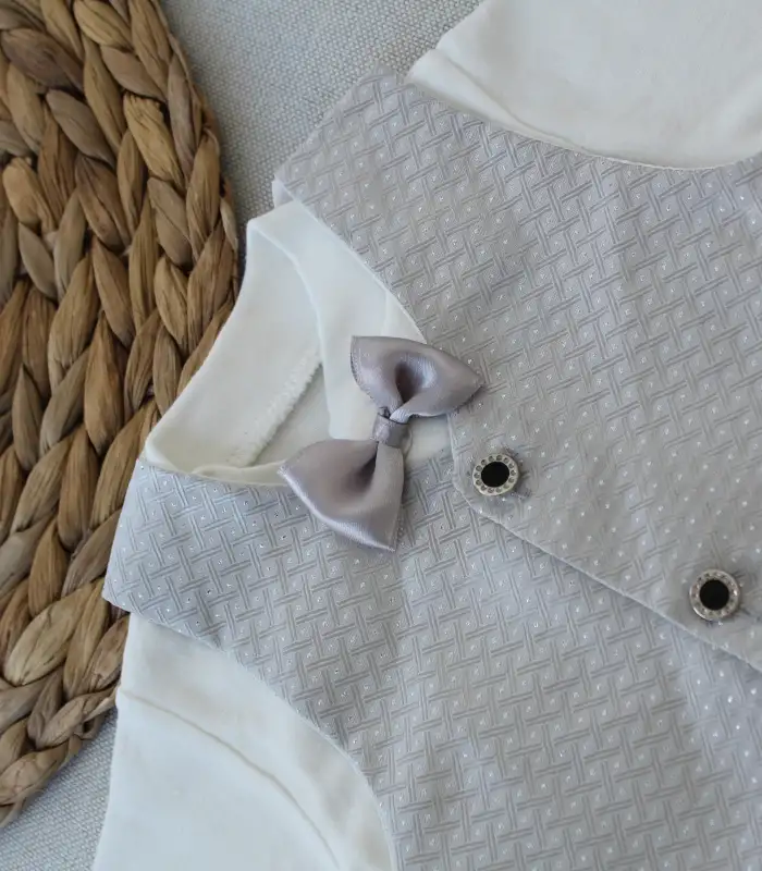 0-6 Ay Yelekli Papyon Smokin Erkek Bebek Hediyelik, Mevlütlük, Sünnetlik 5 Parça Takım Gri