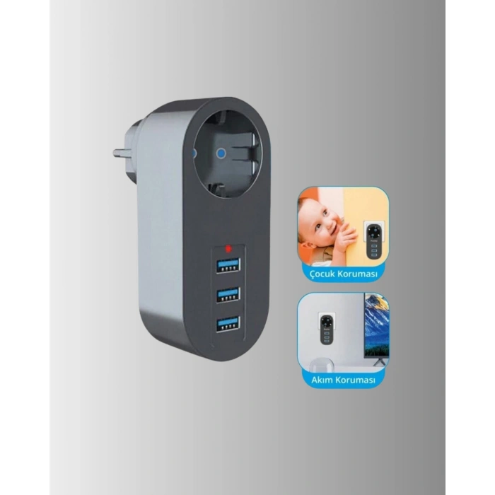 2500W Güç Destekli Akım Korumalı Priz – 3 USB Çıkışlı