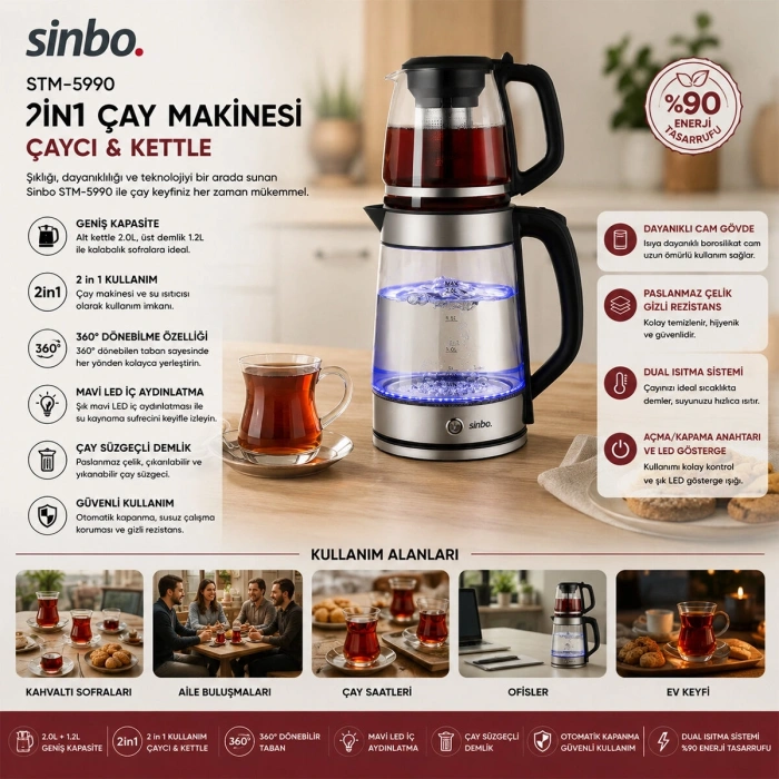 2İN1= ÇAYCI - KETTLE ÇELİK ELEKTRİKLİ ÇAY MAKİNESİ 2LT + 1,2LT ÇAY SÜZGEÇLİ 360° DÖNEBİLİR STM-5990 (5047)